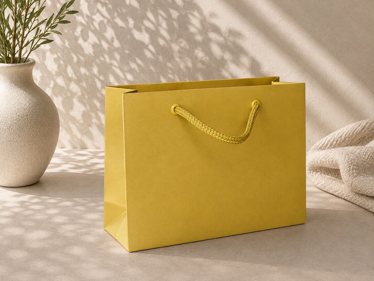 Eine gelbe „Geschenk-Tragetasche Pure M, verschiedene Farben“ von Artoz Papier AG mit Kordelgriffen steht auf einer hellen Unterlage neben einer strukturierten Vase mit Grünpflanzen und einem gefalteten Handtuch, während sanftes Sonnenlicht zarte Schatten wirft.