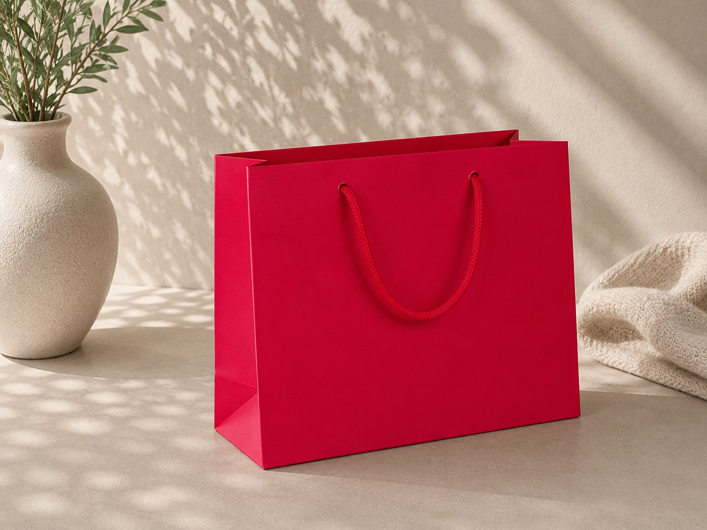 Eine Geschenktüte „Pure M“ der Artoz Papier AG in verschiedenen Farben, darunter leuchtendem Rot, mit robusten Kordelgriffen, steht auf einem beigen Untergrund neben einer weißen, strukturierten Vase, die mit Grünpflanzen gefüllt ist, während sanfte Schatten über die Wand und den Boden fallen.