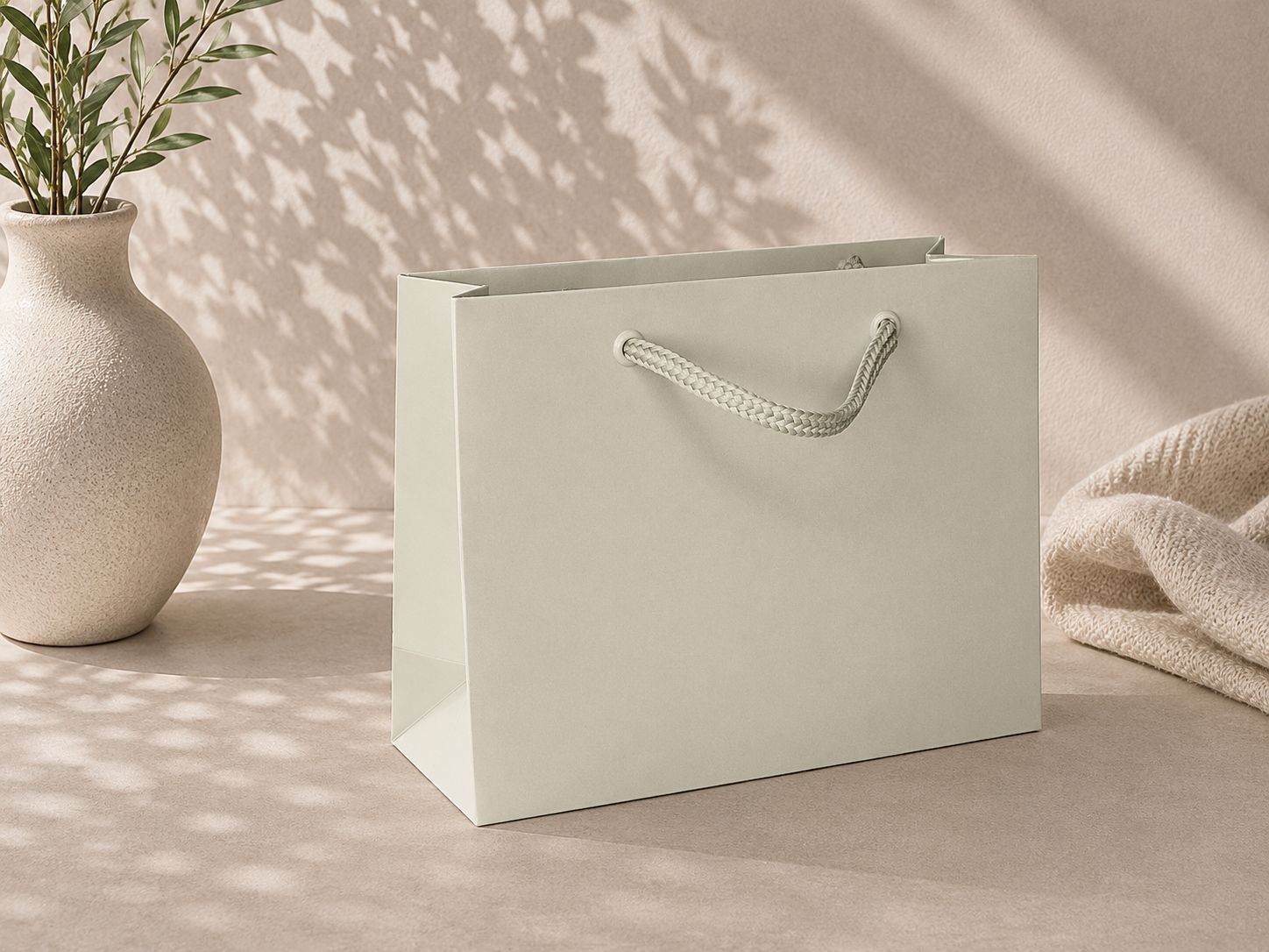 Eine schlichte, helle „Geschenk-Tragtasche Pure M“ von Artoz Papier AG steht auf einer neutralen Oberfläche neben einer strukturierten Vase mit grünen Zweigen und einem weichen Stoff, während punktförmiges Sonnenlicht im Hintergrund Schatten wirft – perfekt für eine elegante Geschenkverpackung.