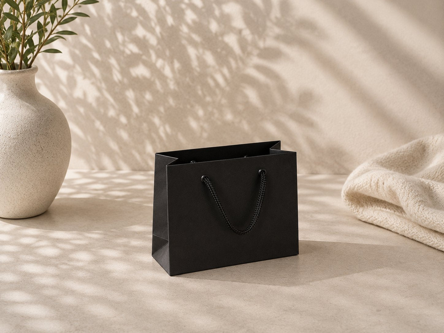 Eine Geschenktasche „Pure“ der Marke Artoz Papier AG in Größe S in Schwarz mit Kordelgriffen liegt auf einer beigen Unterlage neben einer weißen Vase mit grünen Blättern und einer strukturierten weißen Decke, im Hintergrund sind sanfte Schatten zu sehen.