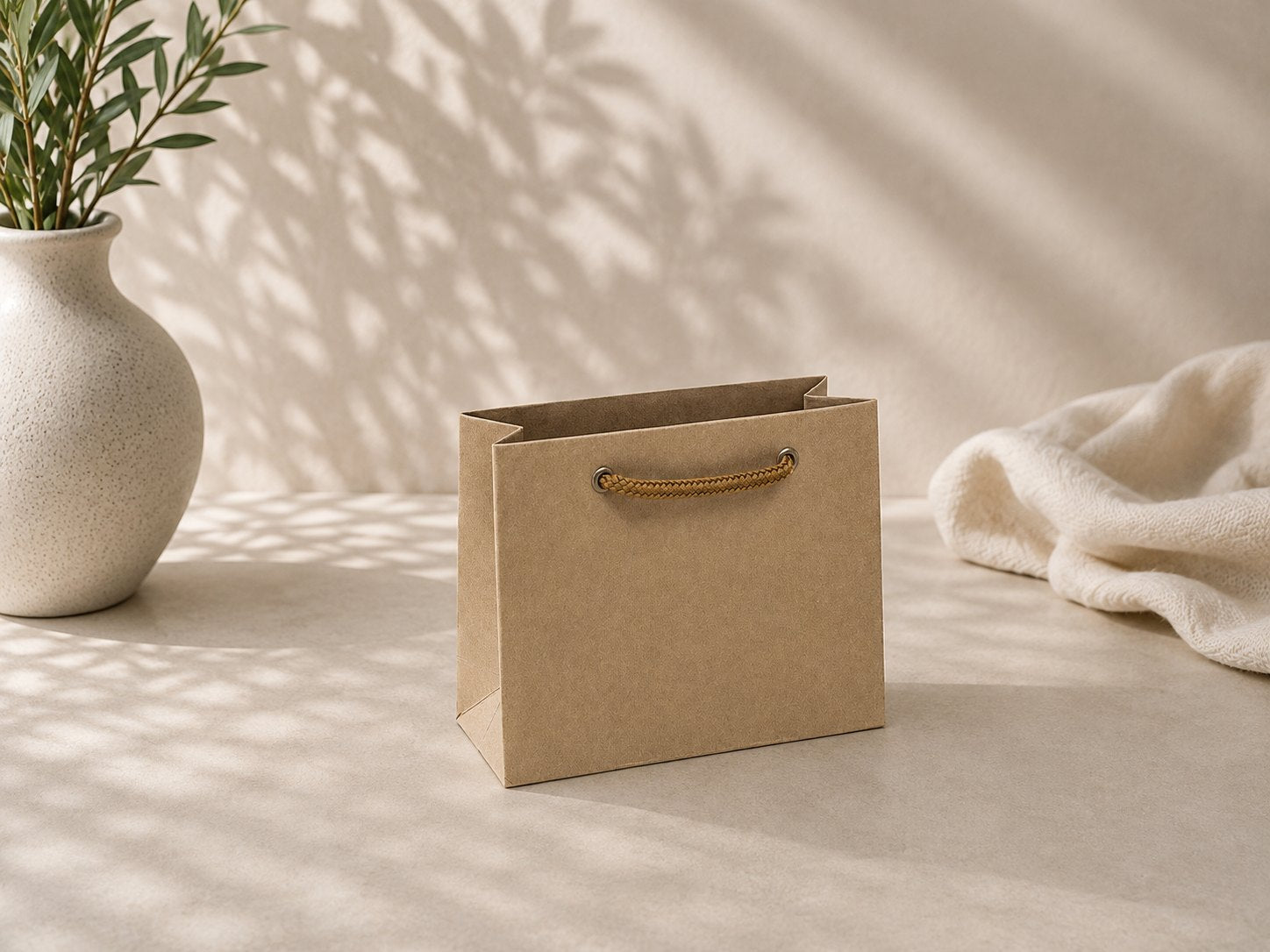 Un sac cadeau « Pure » de taille S, en papier kraft de la marque Artoz Papier AG et muni de poignées en cordon, repose sur une surface beige à côté d'un vase blanc rempli de feuilles vertes et d'un tissu doux de couleur crème, tandis que la lumière du soleil projette de douces ombres sur la scène.