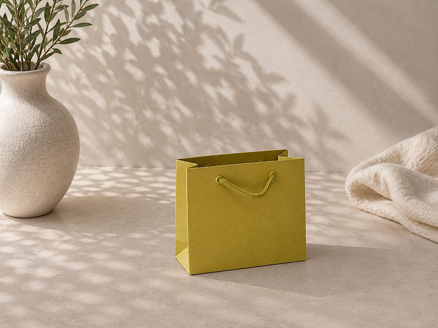 Eine kleine grüne „Geschenk-Tragtasche Pure“ in Größe S von Artoz Papier AG steht auf einer neutralen Unterlage neben einer strukturierten weißen Vase mit Grünpflanzen und einem zartbeigen Tuch. Sonnenlicht wirft blattförmige Schatten über die Szene und unterstreicht die elegante Schlichtheit dieser vielseitigen Verpackungslösung.
