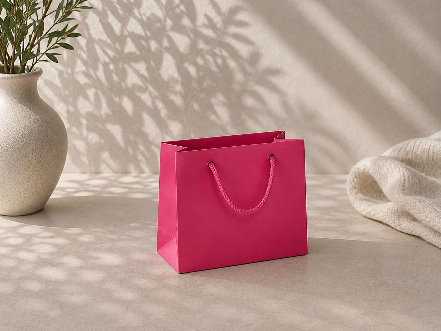 On aperçoit un petit sac cadeau « Pure » de taille S, de couleur rose vif, de la marque Artoz Papier AG, muni de poignées, posé sur un fond beige à côté d'un vase blanc orné de feuilles vertes et d'un tissu tricoté de couleur crème ; on distingue de légères ombres en arrière-plan.