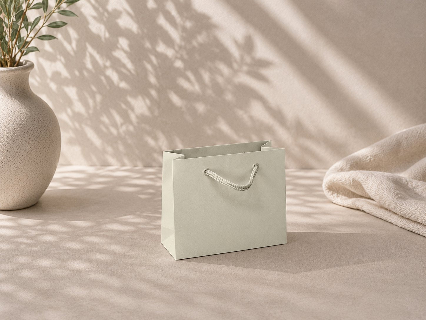Eine kleine Geschenktüte „Pure“ in Größe S in Hellbeige von Artoz Papier AG mit Kordelgriffen steht auf einer strukturierten Oberfläche neben einer Keramikvase mit grünen Blättern und einem zartbeigen Tuch, während Blattschatten über die Wand und den Boden fallen.