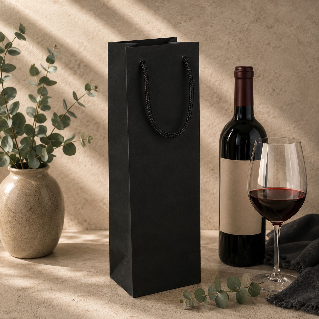 Eine schwarze Wein-Tragetasche in verschiedenen Farben von Artoz Papier AG steht auf einem Tisch neben einer Flasche Rotwein, einem gefüllten Weinglas, einer Vase mit Eukalyptus und einem grauen Tuch in sanftem, natürlichem Licht.