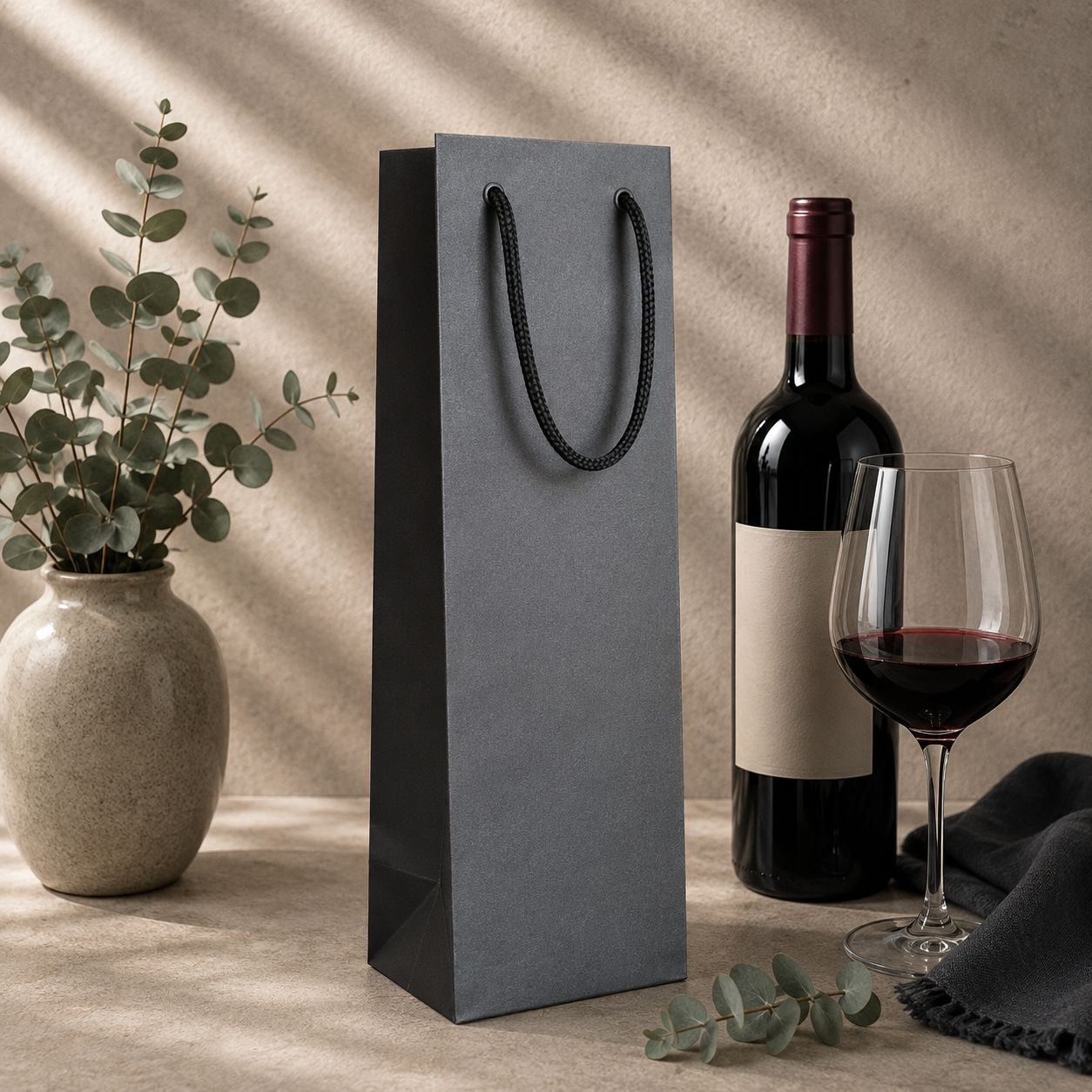 Eine schwarze „Wein-Tragetasche in verschiedenen Farben“ der Firma Artoz Papier AG steht auf einer beigen Fläche neben einer Flasche Rotwein, einem gefüllten Weinglas, einer Keramikvase mit grünem Eukalyptus und verstreuten Eukalyptusblättern.