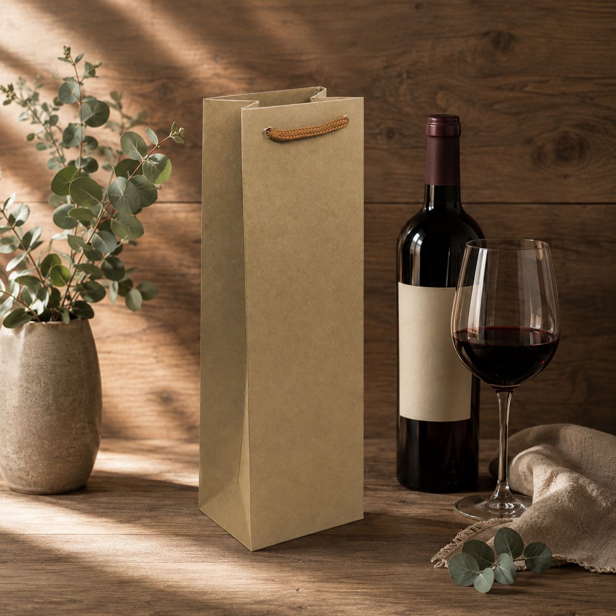 Auf einem Holztisch vor rustikalem Hintergrund sind eine Weinflasche mit unbeschriftetem Etikett, ein gefülltes Weinglas, eine Geschenktüte der Artoz Papier AG in verschiedenen Farben sowie eine Vase mit Grünpflanzen arrangiert.