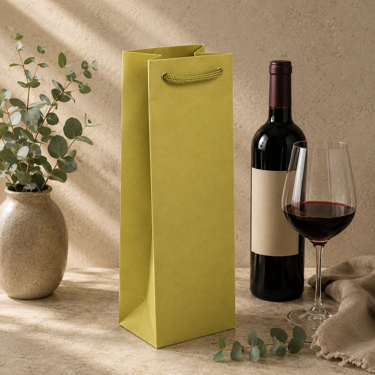 Eine Wein-Tragetasche der Artoz Papier AG in verschiedenen Farben, hier in Grün, steht neben einer Flasche Rotwein, einem gefüllten Weinglas, einer kleinen Vase mit Grünpflanzen und Eukalyptusblättern auf einem beigen Untergrund.
