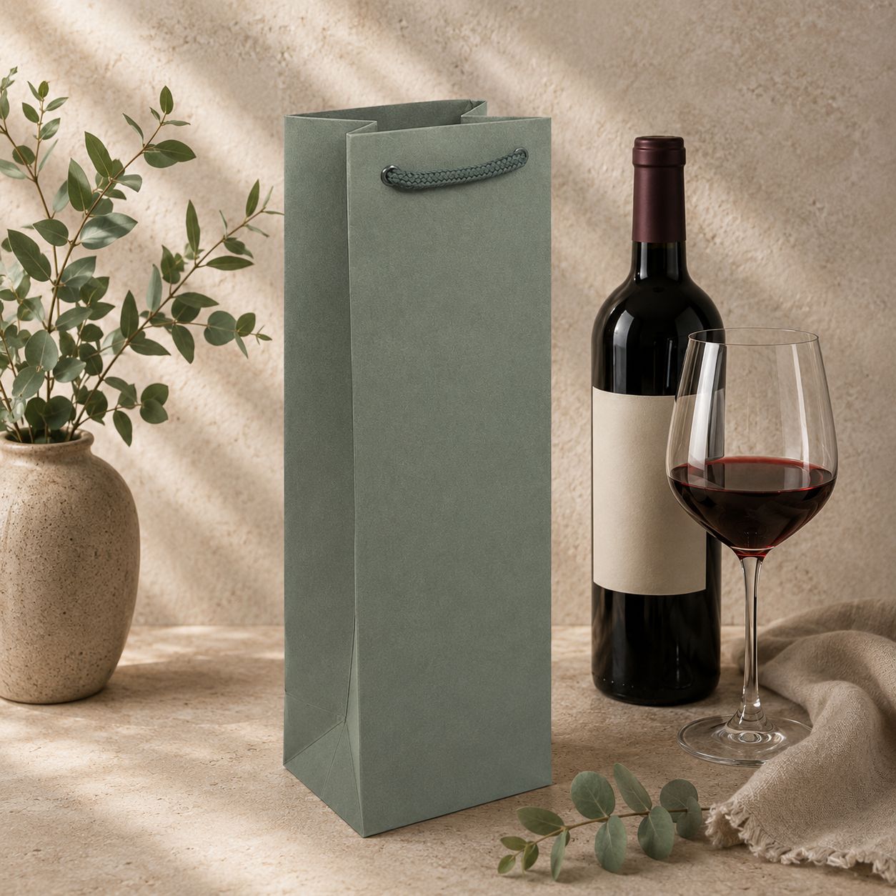 Eine grüne „Wein-Tragetasche in verschiedenen Farben“ von Artoz Papier AG, eine Flasche Rotwein mit einem unbeschrifteten Etikett, ein gefülltes Weinglas, eine Vase mit grünen Zweigen und ein beiges Tuch sind elegant auf einer Oberfläche in neutralen Farbtönen angeordnet.