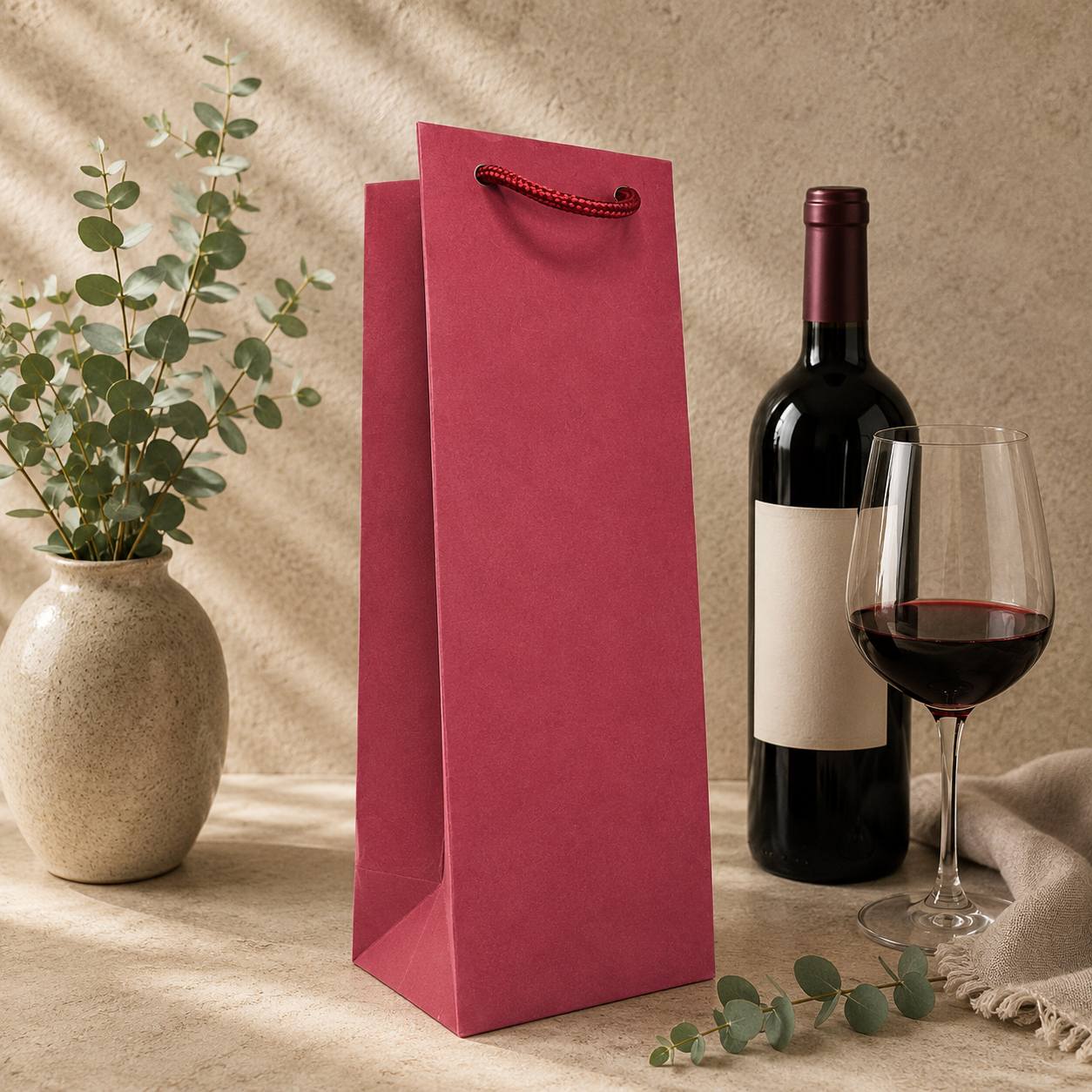 Eine Wein-Tragetasche in verschiedenen Farben von Artoz Papier AG, gefertigt aus Kraftpapier, steht neben einer Flasche Rotwein, einem gefüllten Weinglas, einer Vase mit grünem Laub und einem beigen Tuch auf einer in neutralen Farbtönen gehaltenen Fläche, auf die Sonnenflecken fallen – eine stilvolle Geschenkverpackung und praktische Tasche für jeden Anlass.