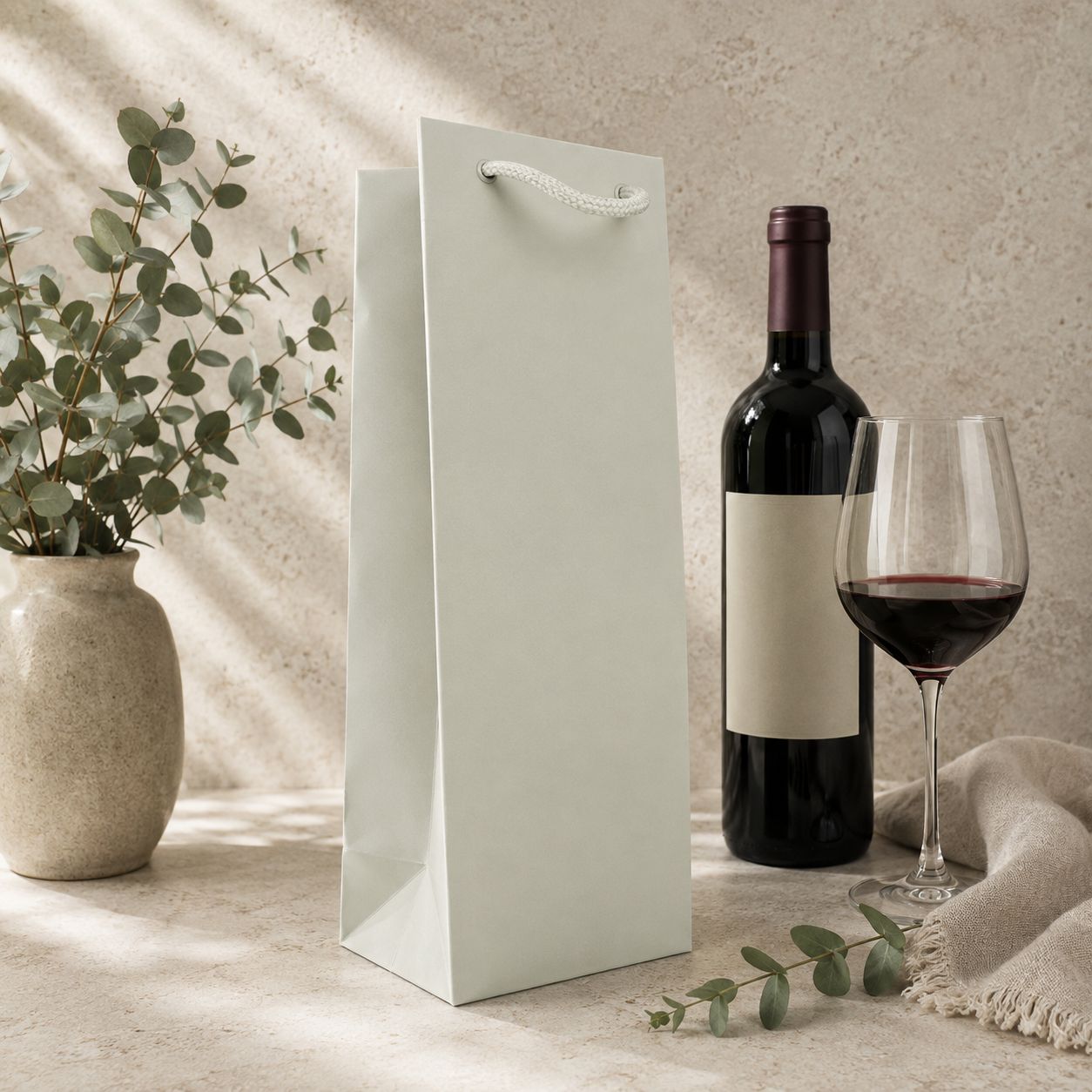 Eine Flasche Rotwein, ein gefülltes Weinglas und eine helle „Wein-Tragetasche in verschiedenen Farben“ von Artoz Papier AG sind auf einer Steinoberfläche arrangiert, im Hintergrund stehen eine beige Vase mit Grünpflanzen und ein zartbeiges Tuch.