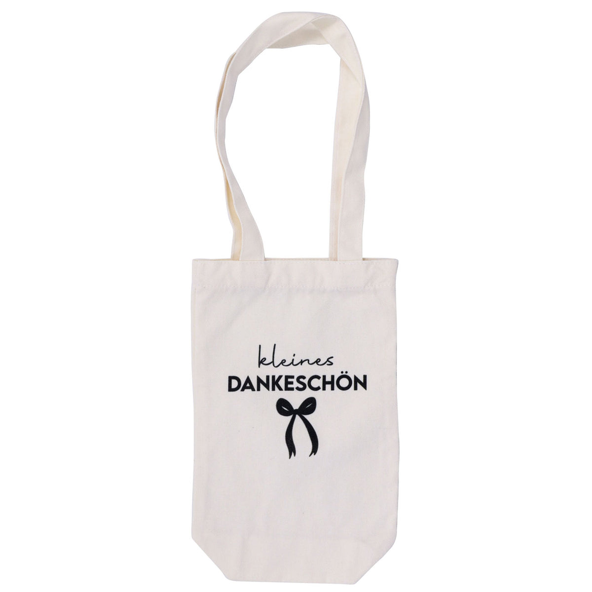 Voici une version réécrite à partir des données de votre produit : Le sac cadeau en tissu à motif « Kleines Dankeschön » d'Artoz Papier AG est de couleur crème et comporte sur le devant l'inscription « kleines DANKESCHÖN » ainsi qu'une illustration de nœud noir – idéale comme emballage écologique ou emballage cadeau réutilisable pour des cadeaux d'exception.