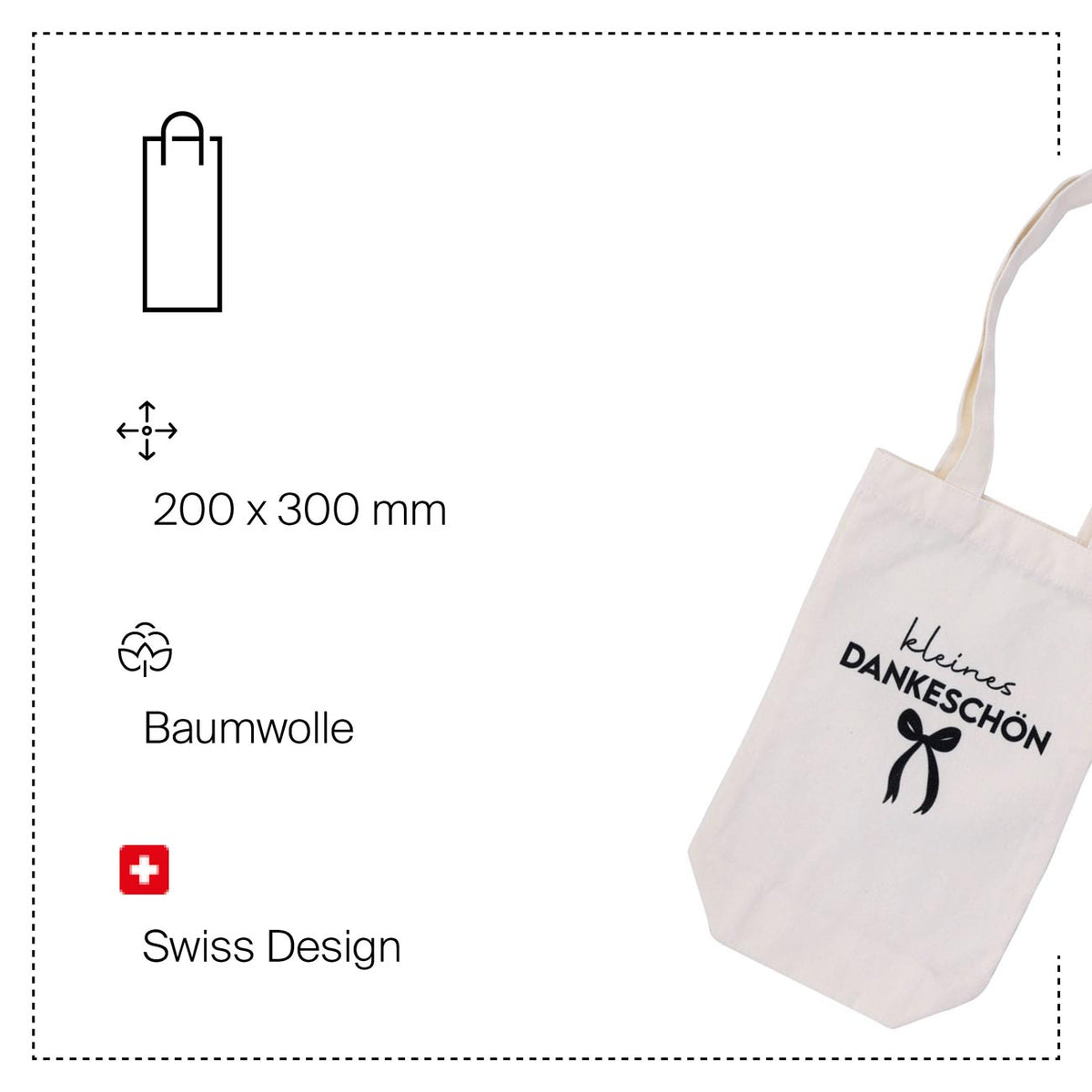 Découvrez le sac cadeau en tissu « Kleines Dankeschön » d'Artoz Papier AG : un sac fourre-tout blanc haut de gamme orné de l'élégant inscription « Kleines Dankeschön », d'un nœud noir raffiné et d'une icône minimaliste représentant les contours d'un sac. Fabriqué en Suisse à partir de coton de haute qualité (200 x 300 mm), ce sac cadeau écologique est idéal comme cadeau de remerciement ou comme emballage durable pour votre prochain présent attentionné.