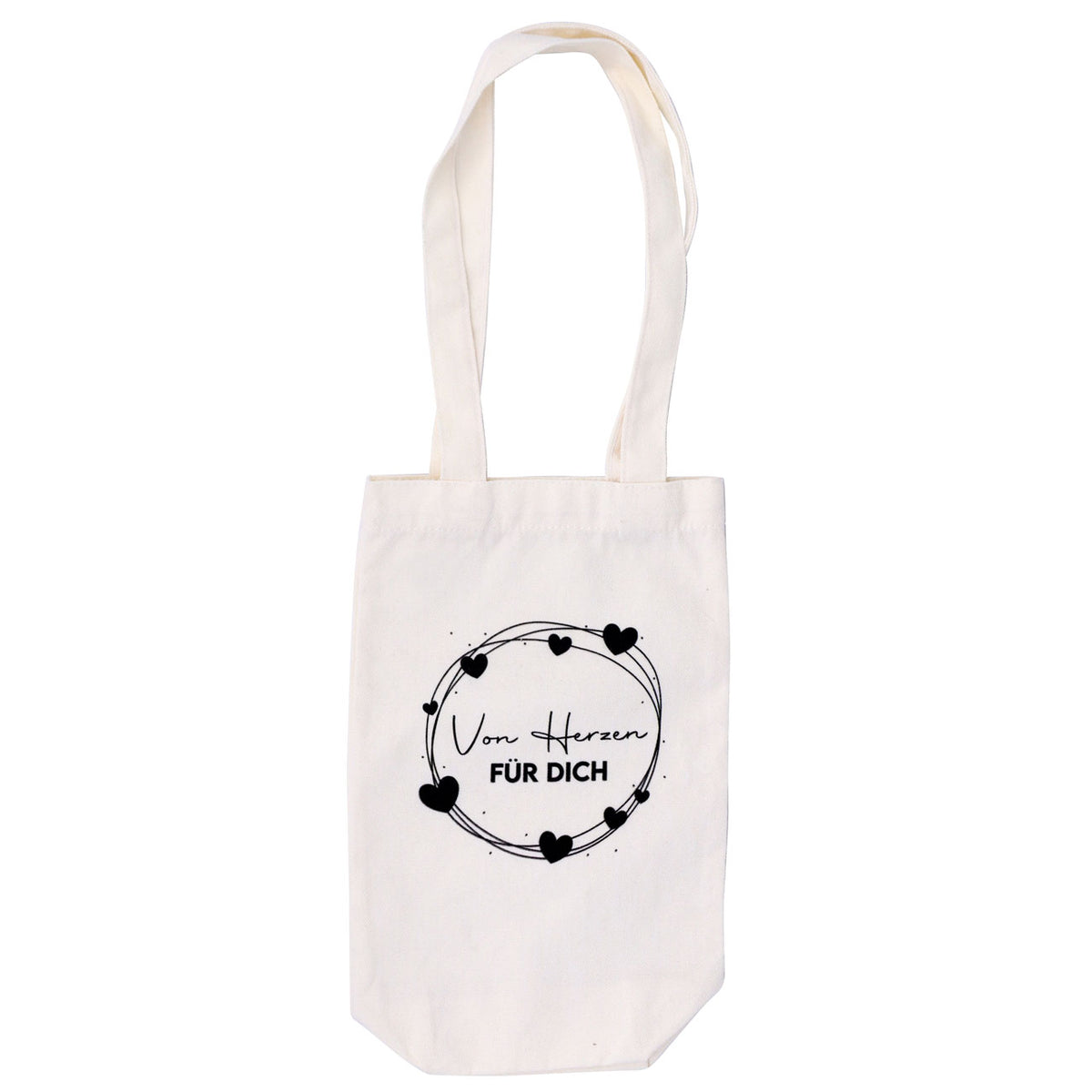 Le sac cadeau en tissu « Von Herzen für Dich » d'Artoz Papier AG est un sac fourre-tout en tissu blanc muni de deux anses. Sur le devant, on peut voir un motif représentant une couronne de cœurs noirs entourant la phrase en allemand « Von Herzen für Dich ». Ce sac cadeau élégant et écologique vous permet d'offrir vos cadeaux de manière durable et réutilisable.