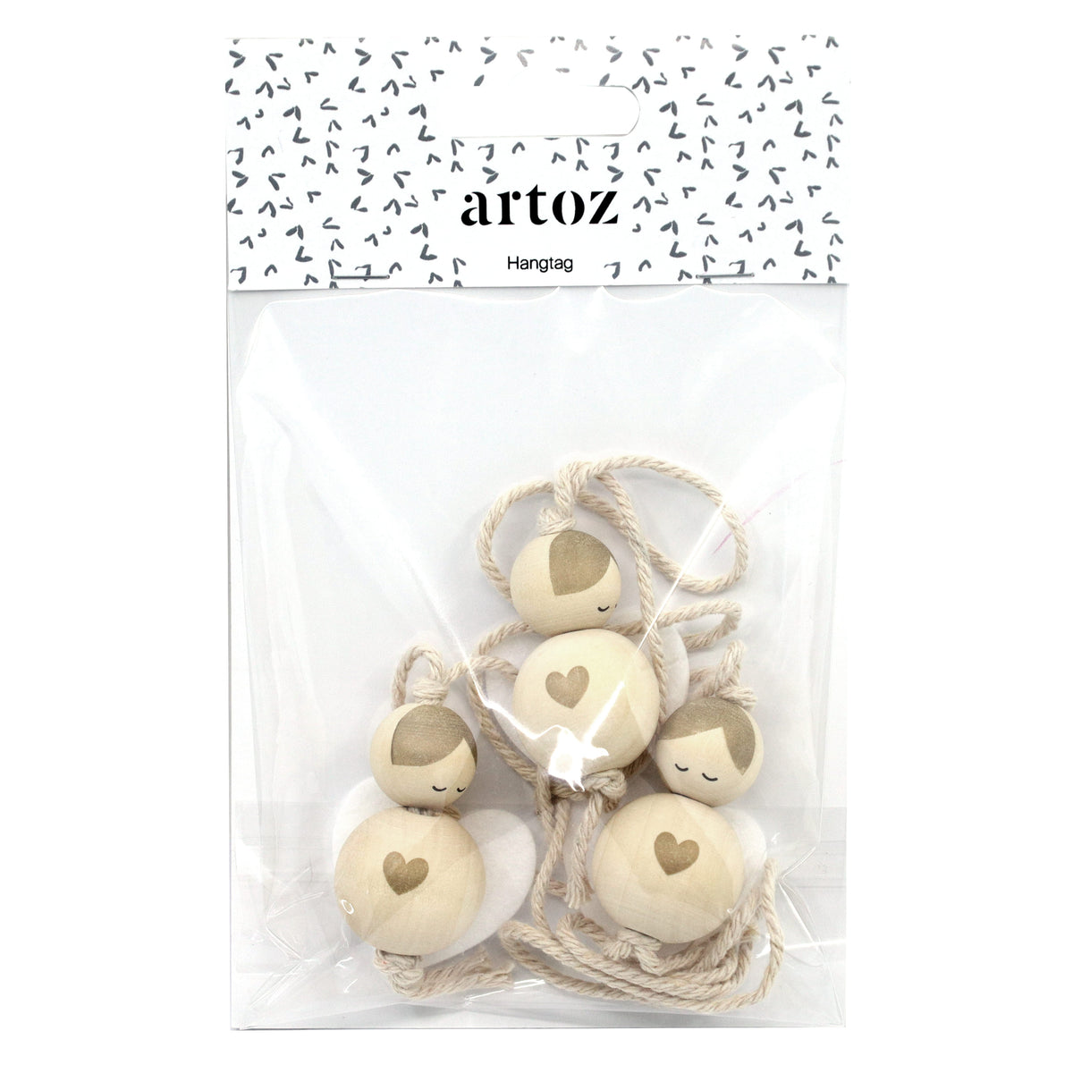 Quatre étiquettes-cadeaux en bois en forme de cœur « Anges » de la marque Artoz Papier AG, ornées de visages peints et dotées de boucles en ficelle beige, conditionnées dans un sachet en plastique transparent muni d'un autocollant blanc à motifs portant l'inscription « Artoz Hangtag » – idéales comme cadeau ou pour créer des étiquettes cadeaux originales.