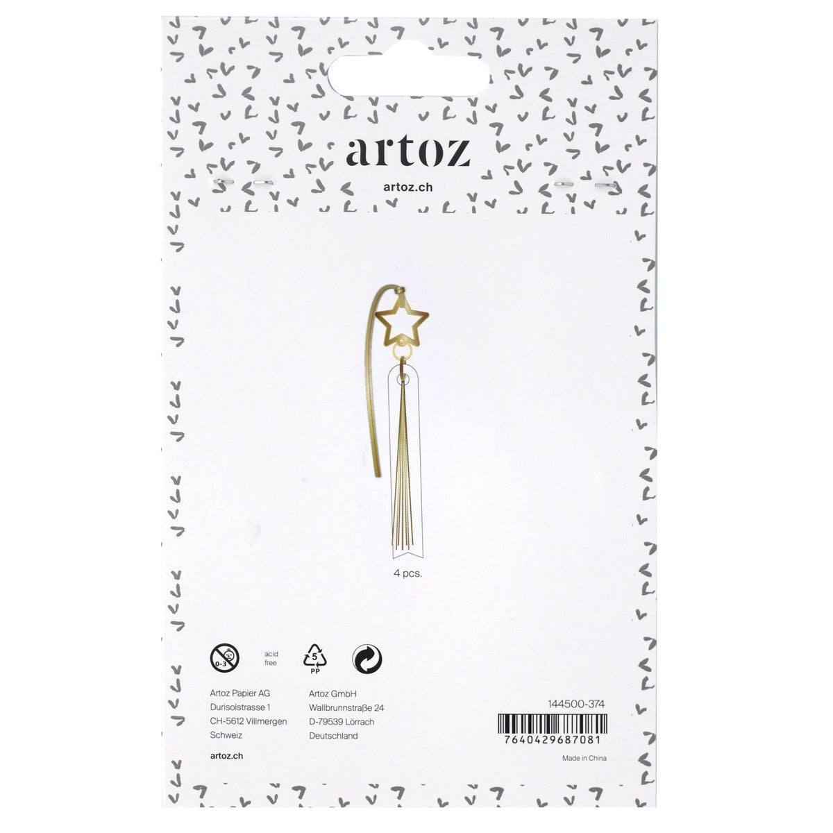 Un lot d'étiquettes cadeaux « Stern » d'Artoz Papier AG, comprenant quatre marque-pages dorés ornés d'une étoile et d'un pompon, présentés sur une carte blanche au fond subtilement parsemé de petits cœurs — idéaux pour apporter une touche originale à vos projets de bricolage ou à associer à des étiquettes Kraft pour créer des étiquettes de suspension uniques.