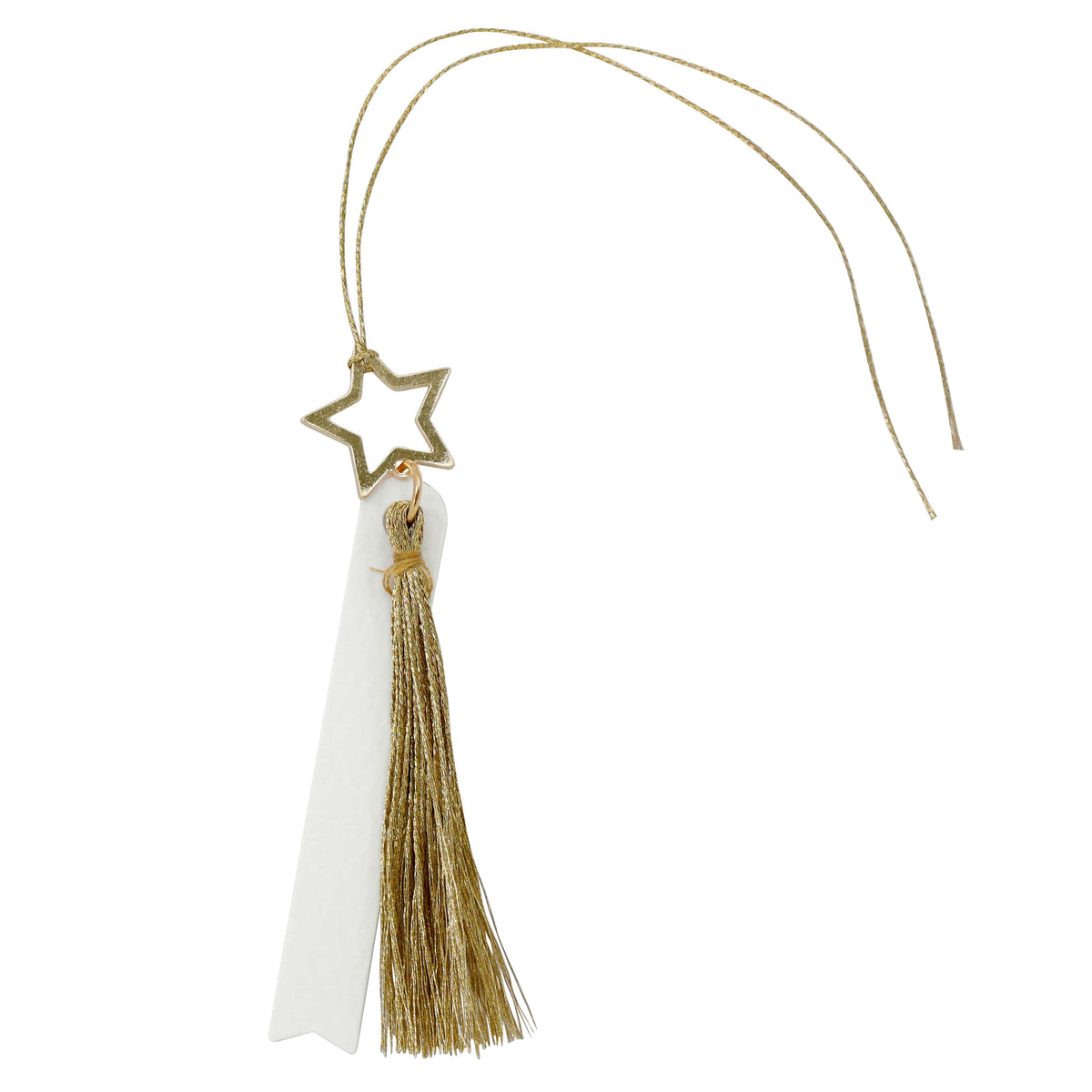 L'étiquette cadeau « Stern » d'Artoz Papier AG — un ornement en forme d'étoile dorée orné d'un pompon doré, d'un ruban blanc et d'un cordon de suspension doré — constitue une étiquette Kraft festive idéale ou une étiquette décorative pour vos projets de bricolage, comme on peut le voir ici sur fond blanc.