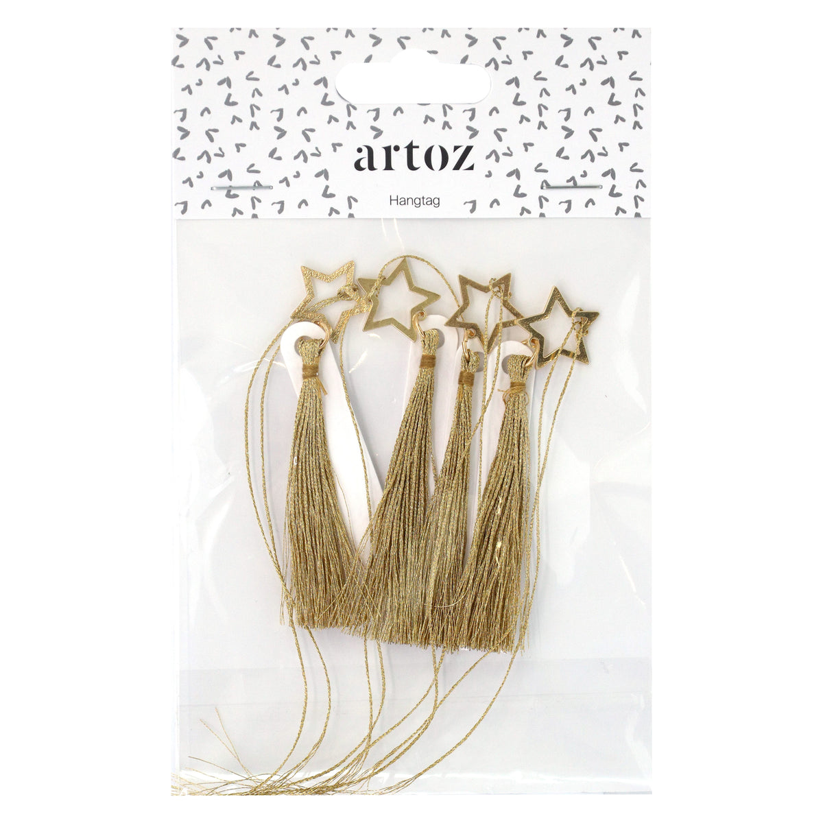 Un lot d'étiquettes cadeaux « Geschenkanhänger Stern » de la marque Artoz Papier AG comprend des étiquettes en papier kraft doré en forme d'étoile, soigneusement disposées dans un emballage transparent portant la mention « Artoz Hangtag » et orné d'un motif décoratif en noir et blanc dans la partie supérieure.