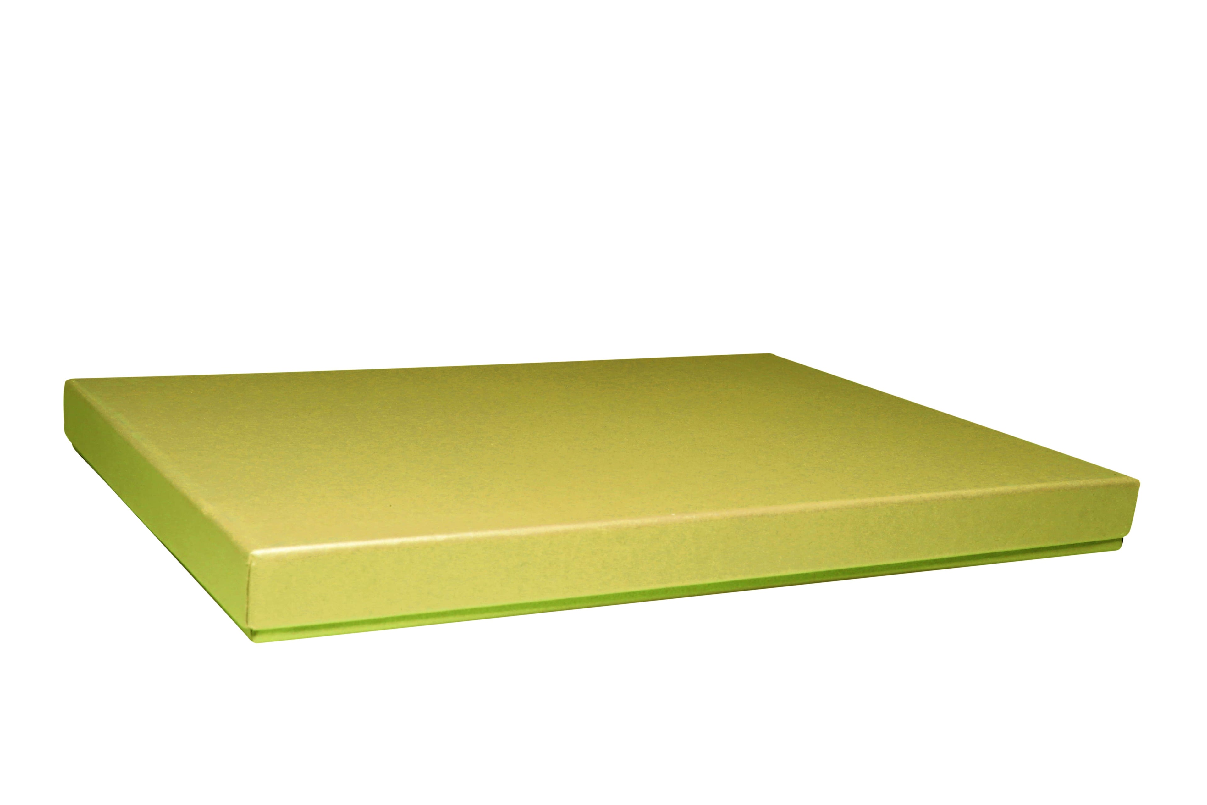 Une boîte-cadeau « Geschenk-Box Pure A4 » de la marque Artoz Papier AG, de forme rectangulaire, fermée et de couleur vert clair, est posée sur un fond blanc.