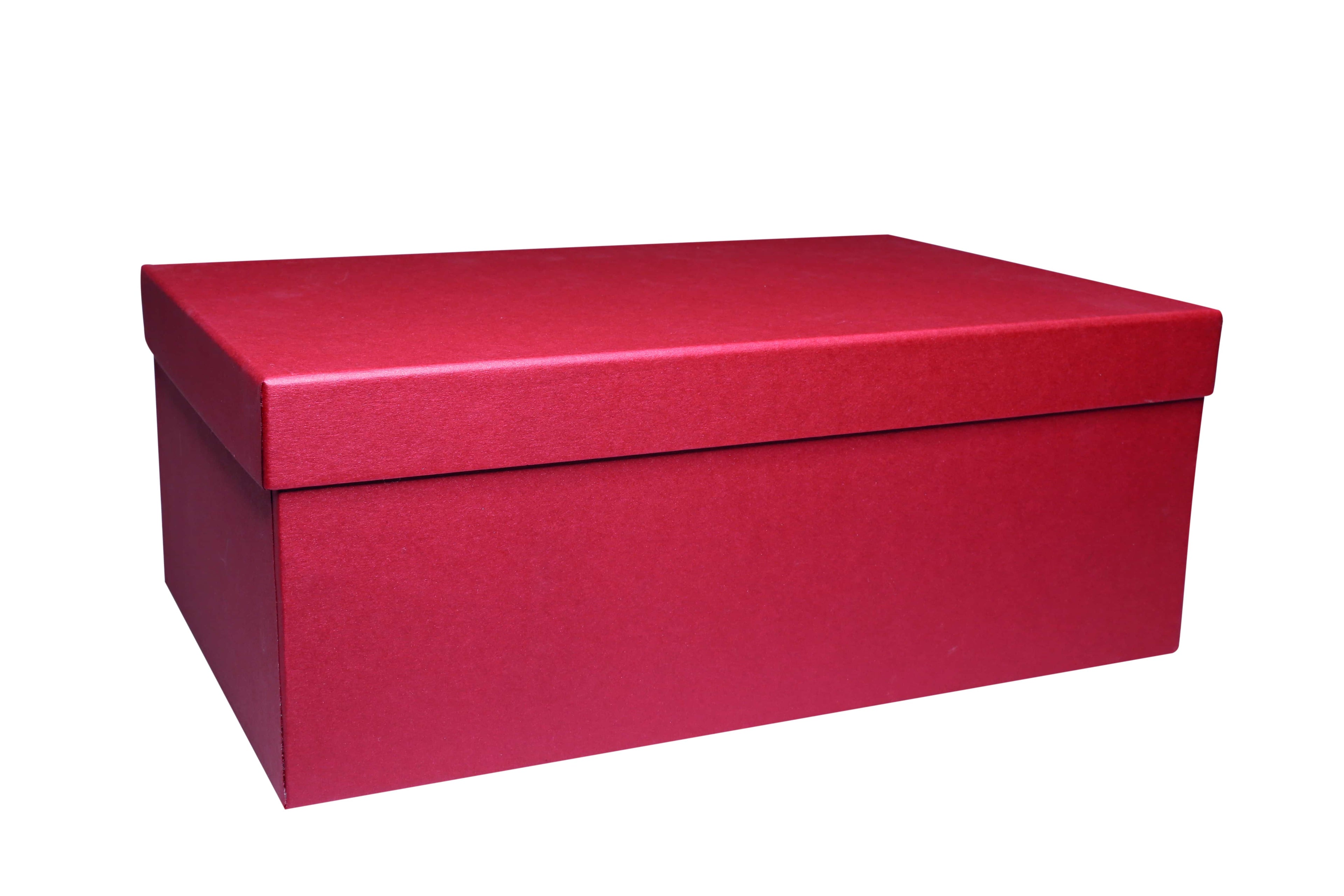 Une boîte-cadeau rectangulaire fermée « Pure L » de la marque Artoz Papier AG, de couleur rouge, avec un couvercle assorti, sur fond blanc.