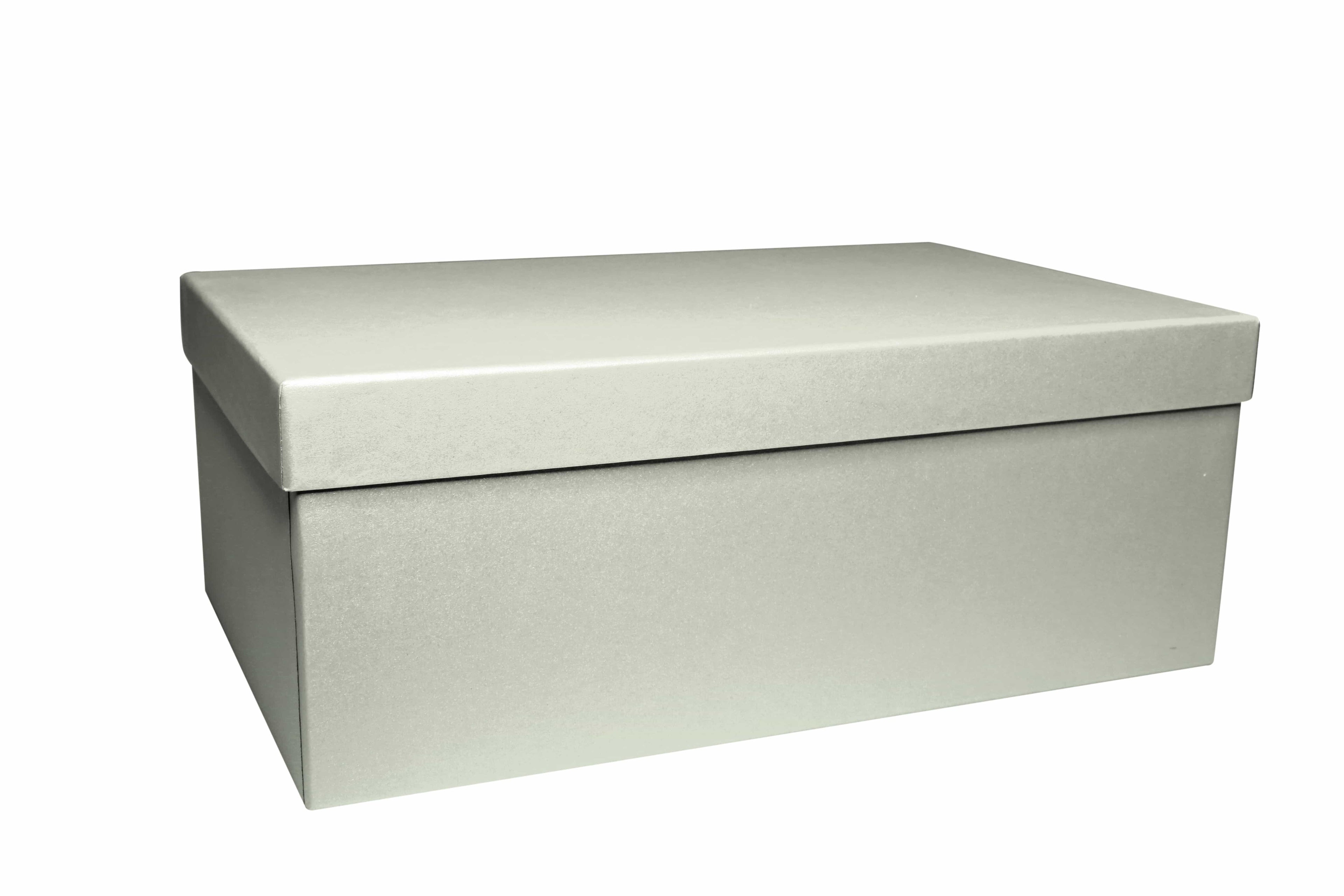 Une boîte en carton rectangulaire, simple et fermée, de couleur grise, fabriquée par Artoz Papier AG — modèle « Geschenk-Box Pure L rechteckig div. Farben » —, dotée d'un couvercle ajusté et présentée sur fond blanc, ce qui en fait un emballage cadeau idéal ou une boîte cadeau rectangulaire polyvalente.