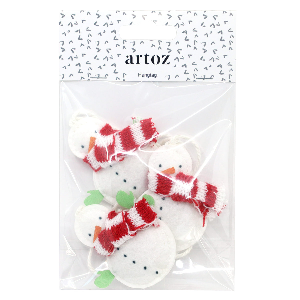Un paquet portant la mention « Geschenkanhänger Schneemann » de la marque Artoz Papier AG contient des décorations en feutre blanc représentant des bonhommes de neige, ornées d'écharpes rayées rouges et blanches, de touches de vert et de détails à pois noirs — idéales pour emballer vos cadeaux vous-même. Ces charmantes étiquettes sont joliment présentées dans un sachet en plastique transparent.