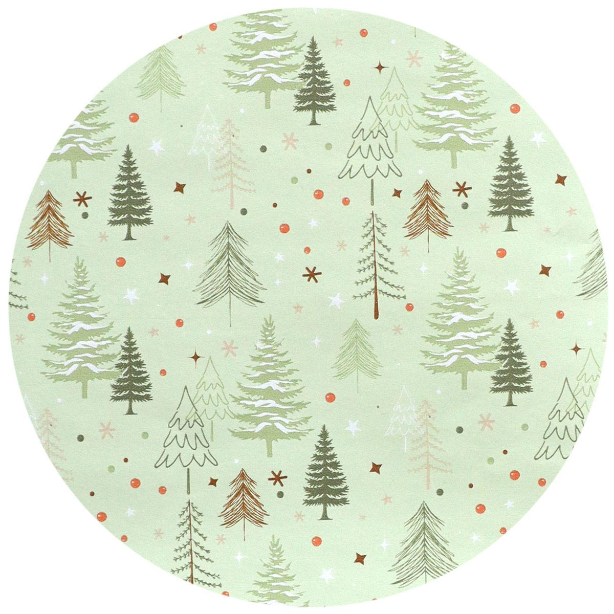 Un motif circulaire mêlant des sapins dessinés à la main, des flocons de neige et des pois verts, marron et orange sur un fond vert pâle — idéal pour accompagner votre boîte de papier cadeau Artoz Papier AG, avec papier cadeau de différentes couleurs – boîte distributrice rechargeable, ou comme accessoire élégant pour toute boîte de papier cadeau rechargeable.