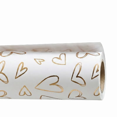 Ce rouleau de papier cadeau Artoz Papier AG, blanc et doré, orné de silhouettes de cœurs éparpillées, s'accorde parfaitement avec la boîte de recharge de papier cadeau et apporte une touche d'élégance à n'importe quel cadeau.
