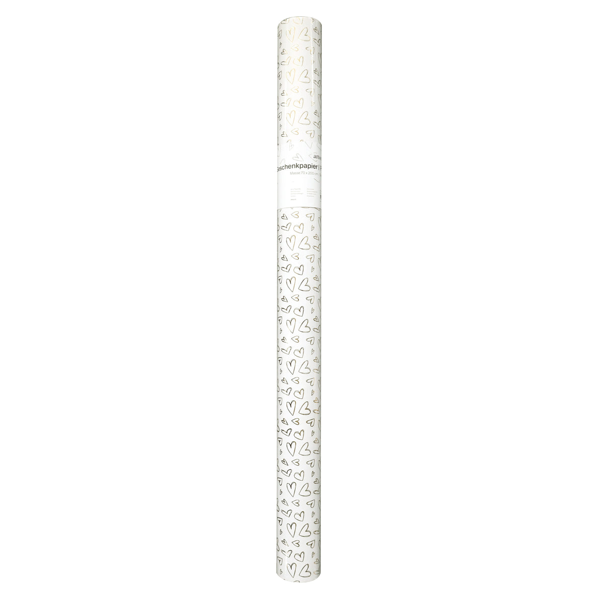Une feuille enroulée de papier cadeau « Artoz Papier AG Geschenkpapier Rolle – blanc/or », assortie à la boîte de recharge de papier cadeau, ornée de cœurs aux contours dorés et argentés, est posée à la verticale sur un fond blanc uni.