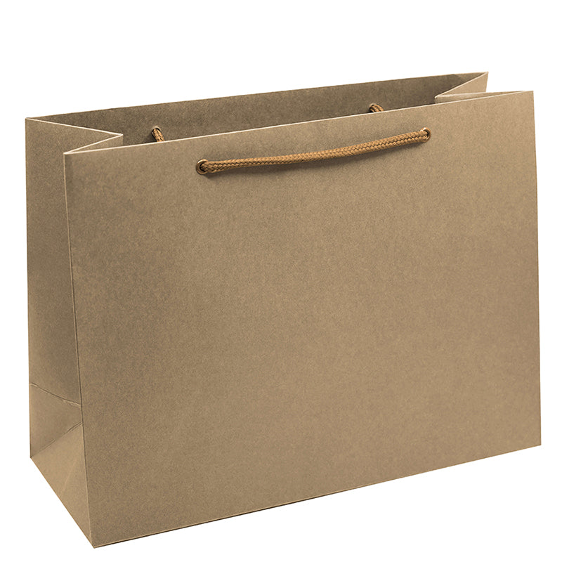 Un sac cadeau marron uni « Geschenk Tragtasche Pure Grösse L » de la marque Artoz Papier AG, doté de solides anses en corde marron et présenté debout sur un fond blanc — idéal comme emballage cadeau ou sac cadeau pour toute occasion spéciale.