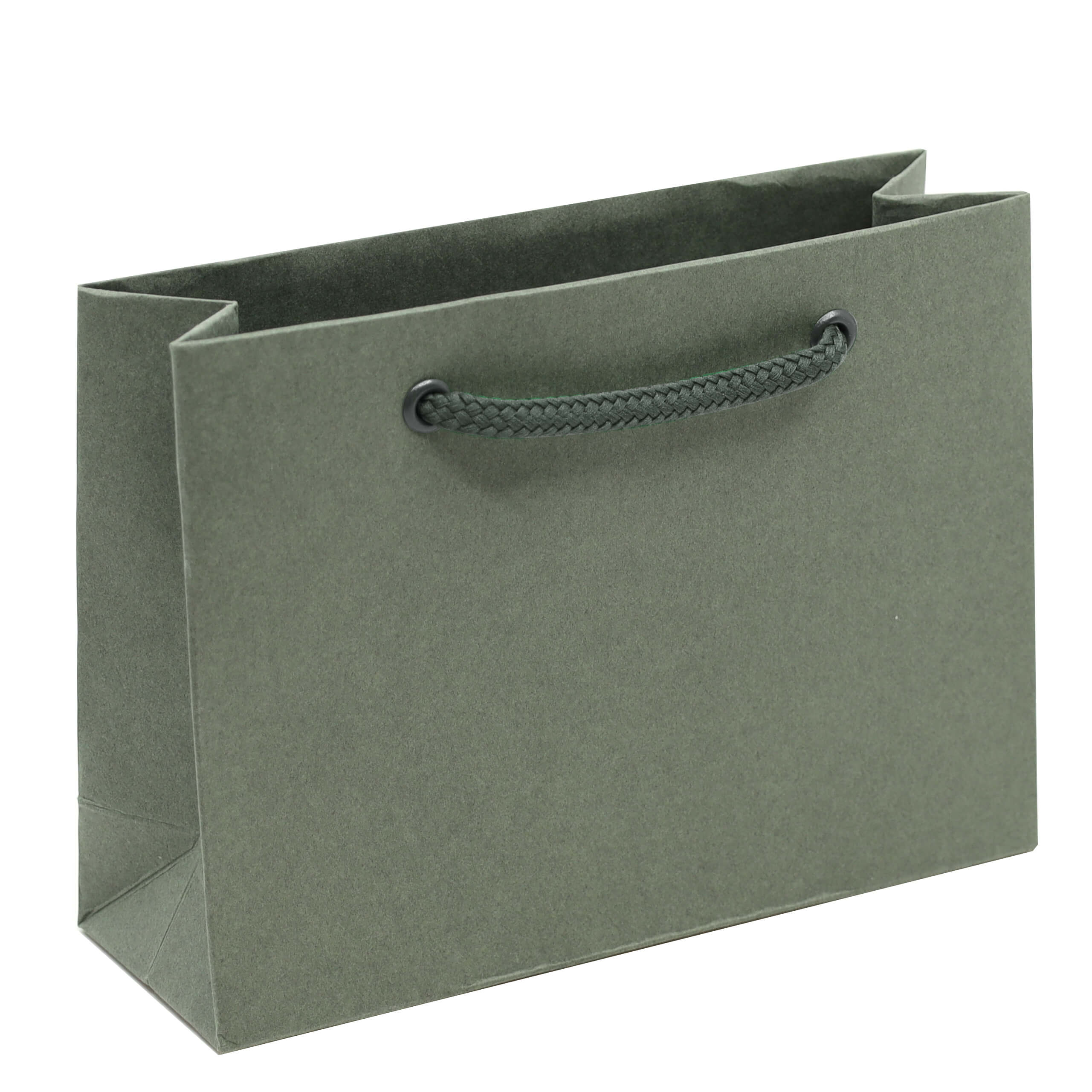 Un petit sac cadeau rectangulaire en papier kraft « Pure » taille S, de couleur vert mat, fabriqué par Artoz Papier AG et muni d'une poignée en corde noire, est posé sur un fond blanc.