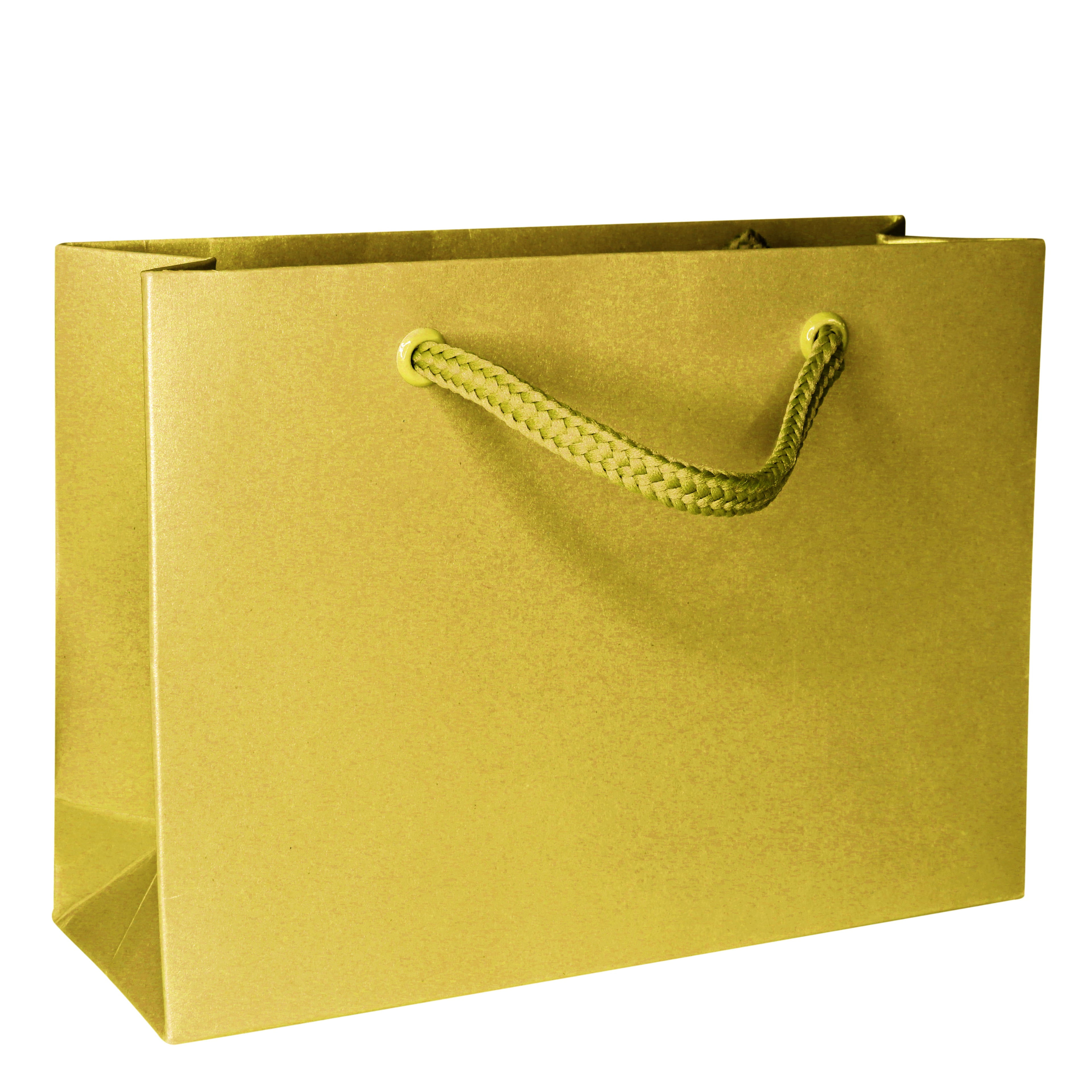 Un sac cadeau « Pure M » de différentes couleurs, de la marque Artoz Papier AG, de couleur dorée, doté d'une poignée tressée assortie, présenté sur fond blanc.