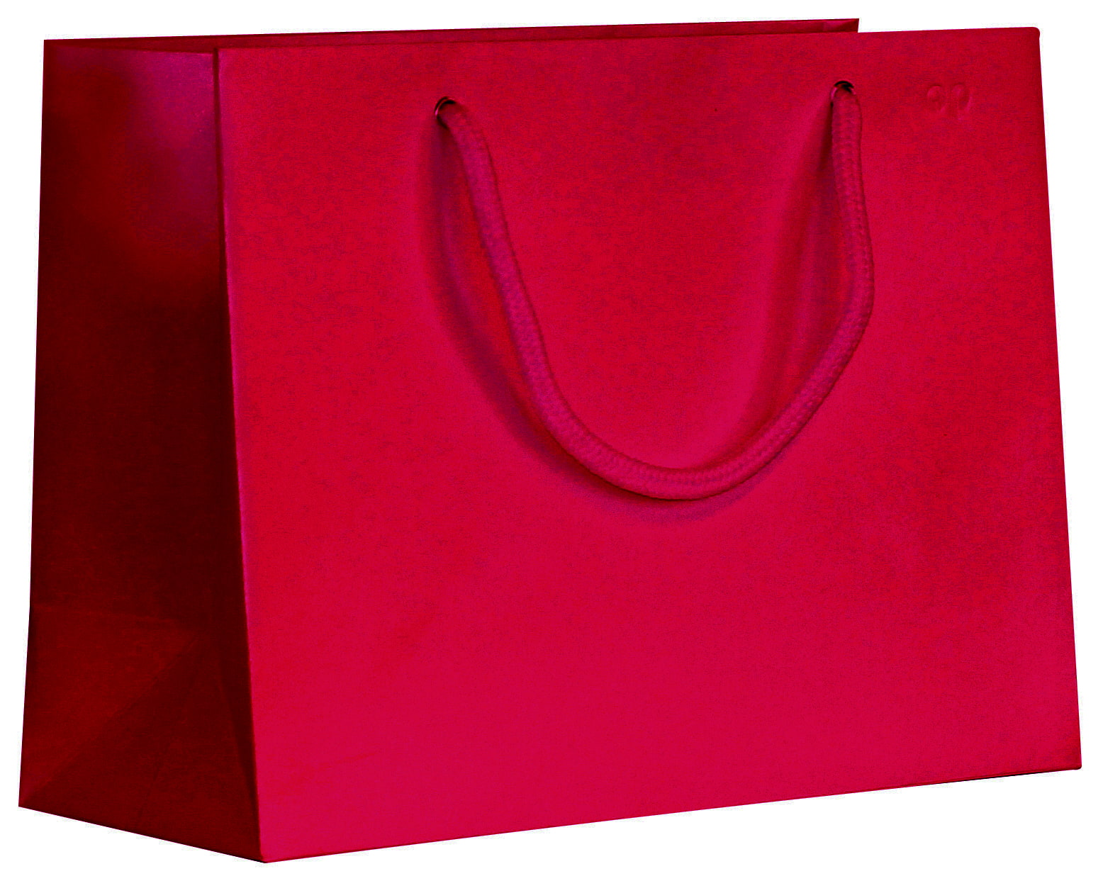 Un grand sac cadeau « Pure M » de la marque Artoz Papier AG, rouge brillant, doté de poignées en cordon rouges assorties, présenté sur fond blanc.
