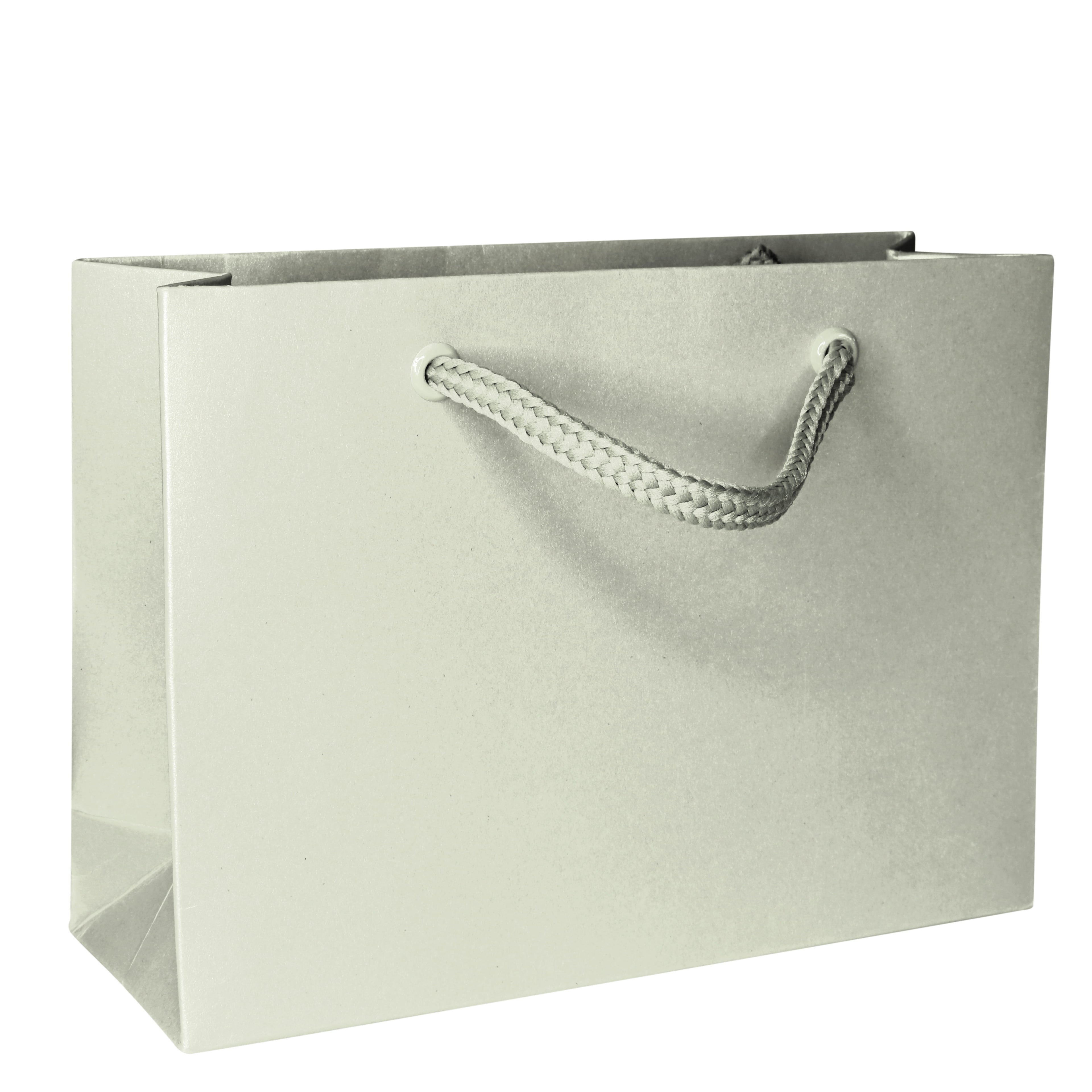 Un sac cadeau droit « Geschenk Tragtasche Pure M div. Farben » de la marque Artoz Papier AG, en papier kraft uni gris clair avec des anses tressées, présenté sur fond blanc.