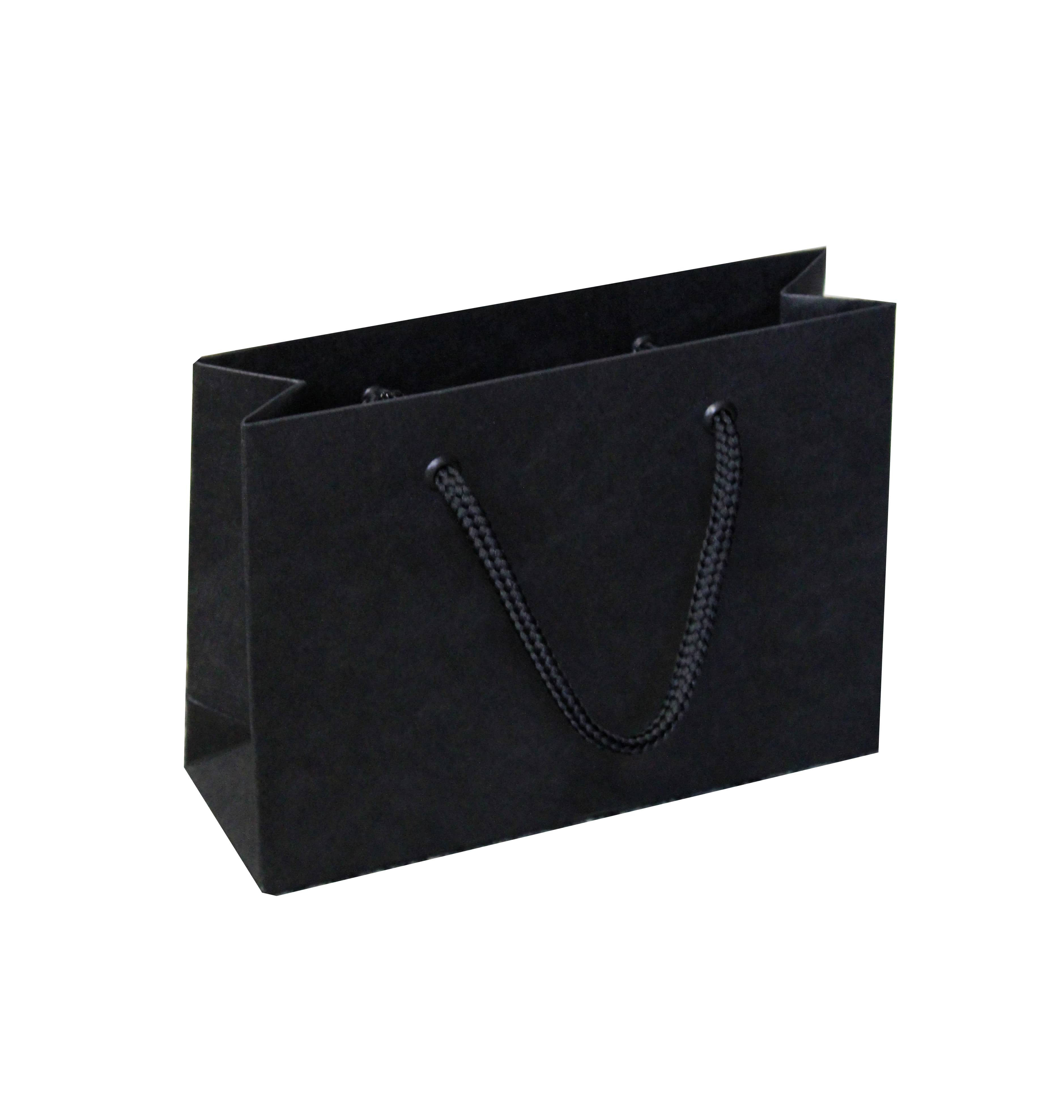 Un sac cadeau rectangulaire noir « Geschenk Tragtasche Pure Grösse S » en papier kraft, fabriqué par Artoz Papier AG et muni de deux anses en corde noire, est photographié sur fond blanc.