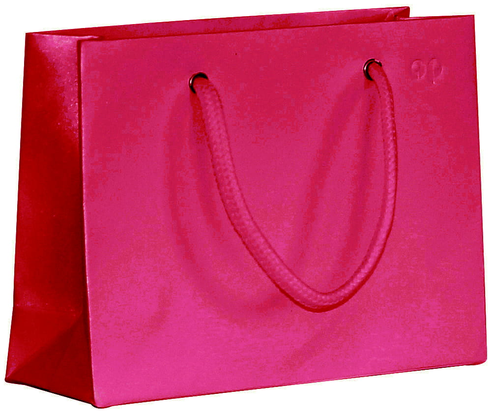 Un sac cadeau « Pure » taille S de la marque Artoz Papier AG, d'un rose vif, fabriqué en papier kraft résistant et muni de poignées en corde, se dresse sur un fond blanc.