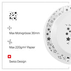 L'Artoz Papier AG Fliegender Stanzer Sterne crée des bordures d'étoiles et de points noirs sur des assiettes blanches - idéal pour Basteln ou Karten. Max Motivgröße : 36mm, 220g/m² Papier. Design suisse avec icônes assorties.