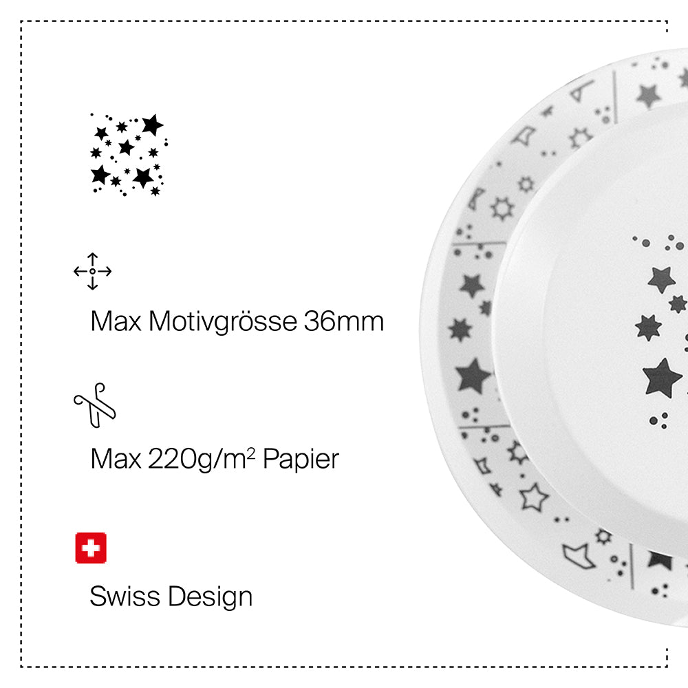 L'Artoz Papier AG Fliegender Stanzer Sterne crée des bordures d'étoiles et de points noirs sur des assiettes blanches - idéal pour Basteln ou Karten. Max Motivgröße : 36mm, 220g/m² Papier. Design suisse avec icônes assorties.