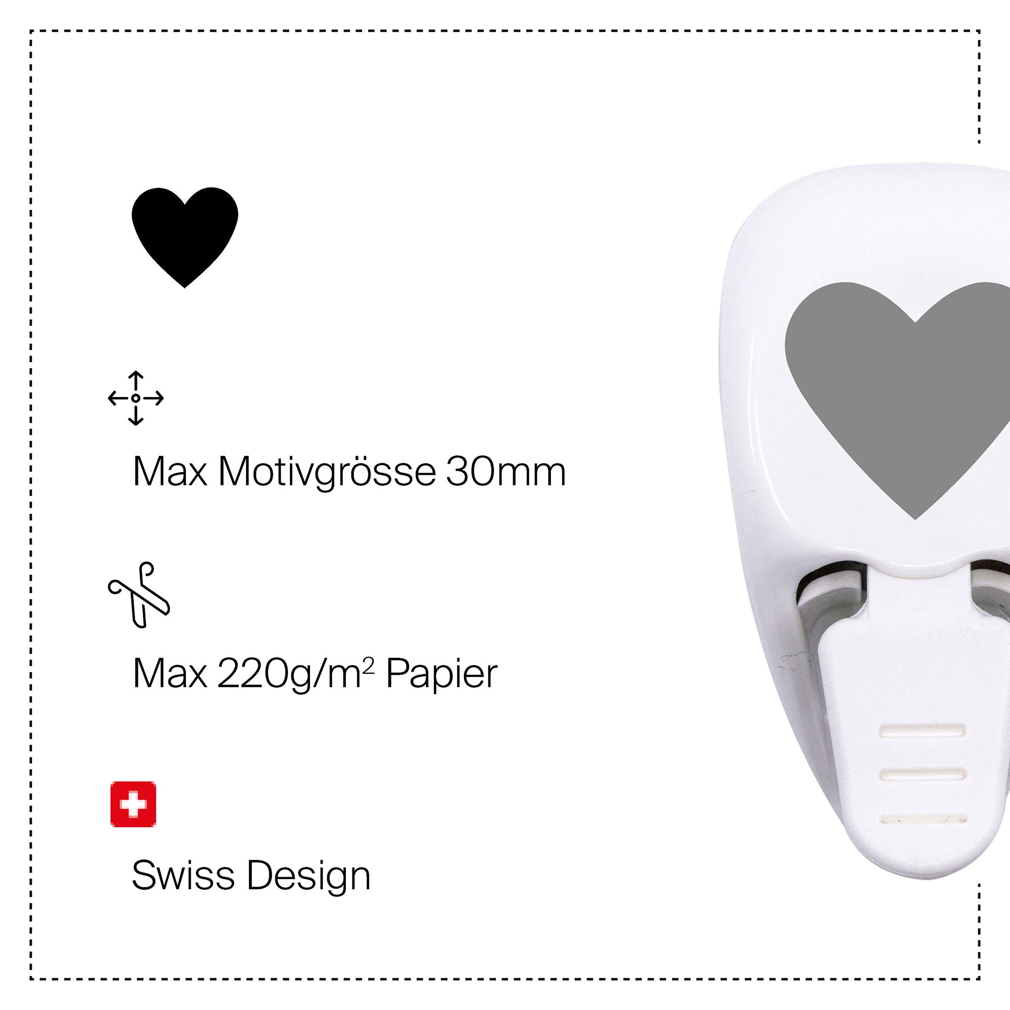Le papier Artoz Papier AG Stanzer S Herz est un motif herzförmige de 30 mm d'épaisseur, fabriqué à partir de papier de 220 g/m². Parfait pour la réalisation de cartes et de tableaux. Design suisse. Texte en allemand.