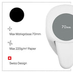 Diagramme montrant le Stanzer L Kreis d'Artoz Papier AG pour les projets Basteln, avec texte : Max Motivgröße 70mm, Max 220g/m² Papier, Swiss Design et une icône du drapeau suisse.