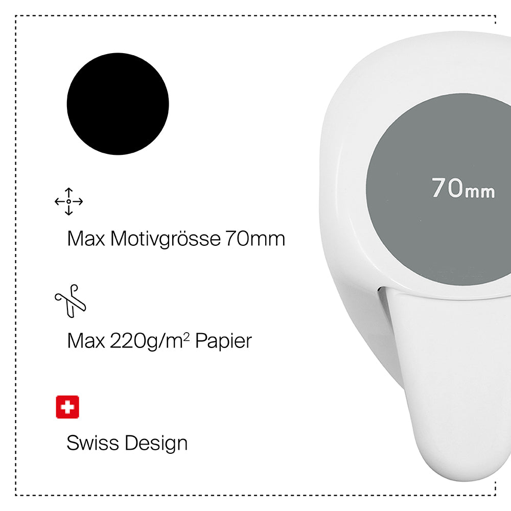 Diagramme montrant le Stanzer L Kreis d'Artoz Papier AG pour les projets Basteln, avec texte : Max Motivgröße 70mm, Max 220g/m² Papier, Swiss Design et une icône du drapeau suisse.