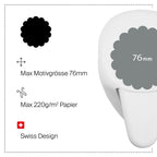 Un diagramme montre la perforatrice blanche Artoz Papier AG Stanzer L Wellen-Kreis (cercle festonné), 76mm. Points forts : Taille maximale 76 mm, papier de 220 g/m² maximum, design suisse - idéal pour les travaux de construction.