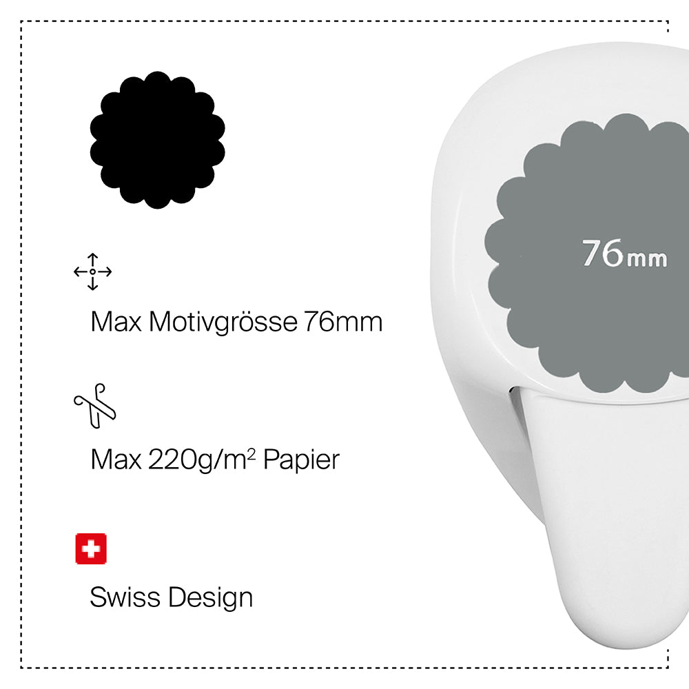 Un diagramme montre la perforatrice blanche Artoz Papier AG Stanzer L Wellen-Kreis (cercle festonné), 76mm. Points forts : Taille maximale 76 mm, papier de 220 g/m² maximum, design suisse - idéal pour les travaux de construction.