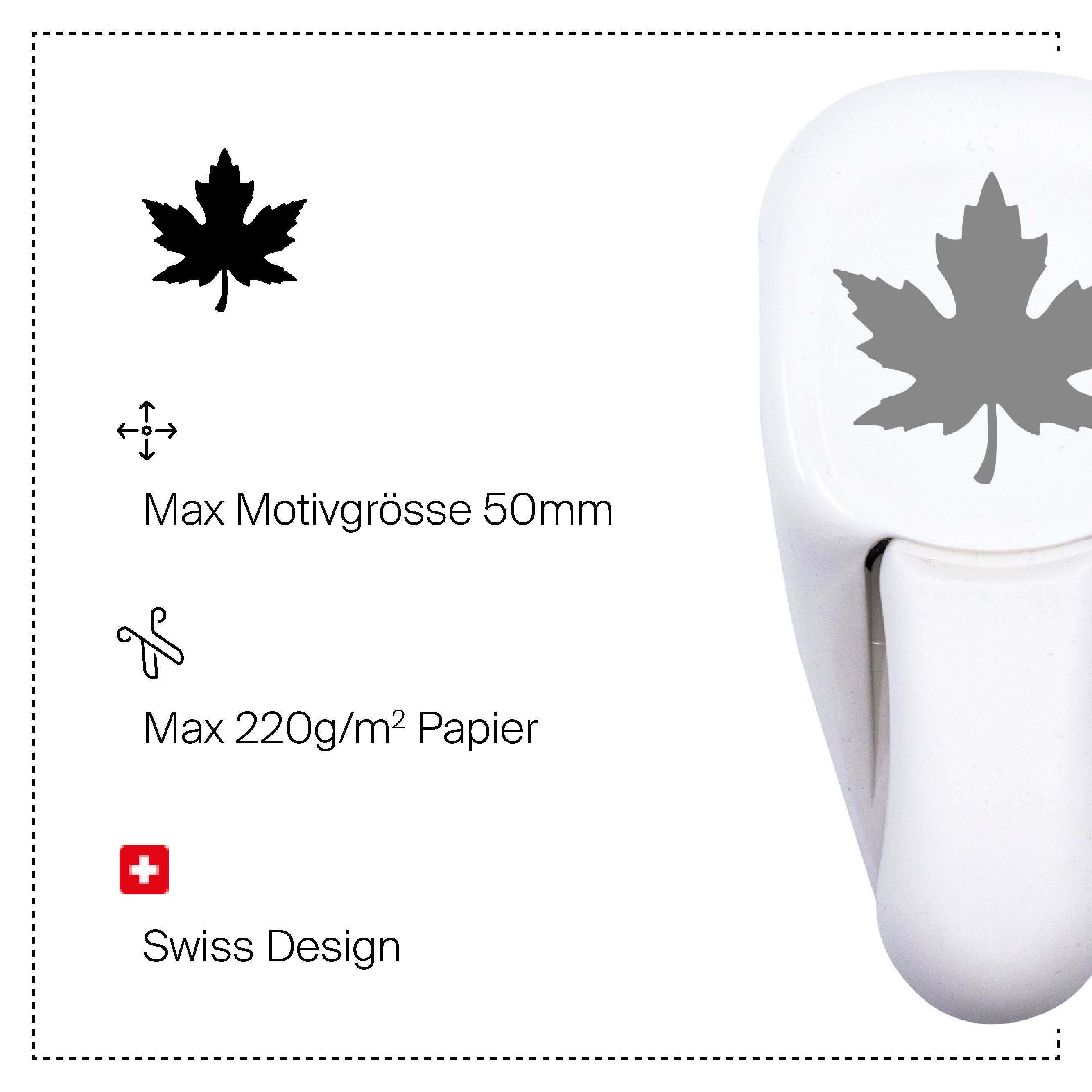 L'Artoz Papier AG Stanzer M Ahornblatt est une perforatrice en papier blanc avec une feuille d'érable découpée, idéale pour les travaux manuels. Caractéristiques : taille maximale du motif 50 mm, papier jusqu'à 220 g/m², icône de design suisse, et icônes pour la feuille d'érable, les flèches de mesure et les ciseaux.
