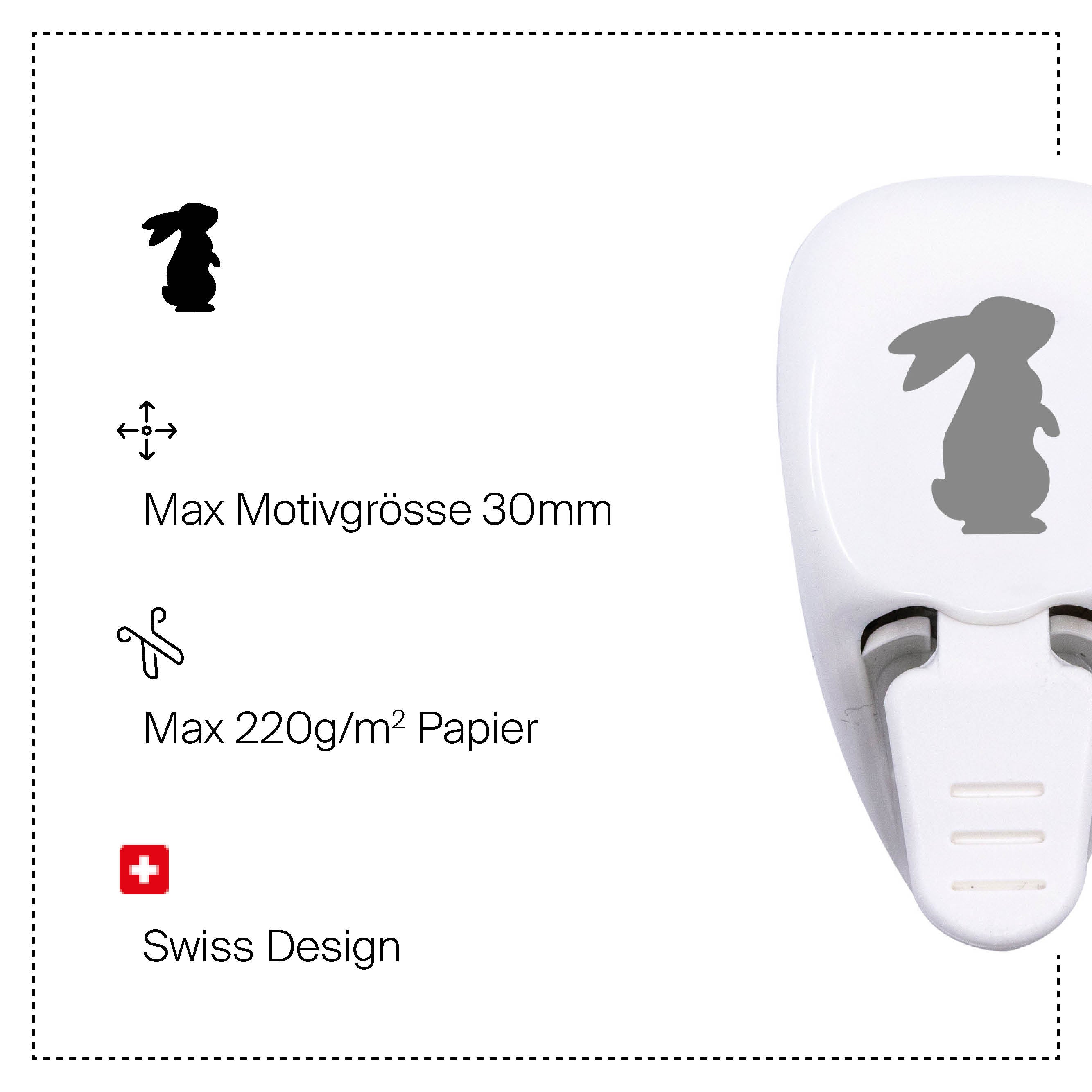 La Stanzer S Hase d'Artoz Papier AG crée des découpes de 30 mm en forme de lapin. De conception suisse et compatible avec du papier jusqu'à 220g/m², elle est parfaite pour les projets créatifs. Les icônes de lapin et de ciseaux sont représentées.