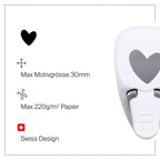 L'Artoz Papier AG Stanzer S Herz asymetrisch est une perforatrice en papier blanc avec un motif de cœur asymétrique, idéale pour le Bastel-Design et le Scrapbooking. Taille maximale du motif : 30 mm (papier 220 g/m²). Design suisse noté avec des spécifications claires.