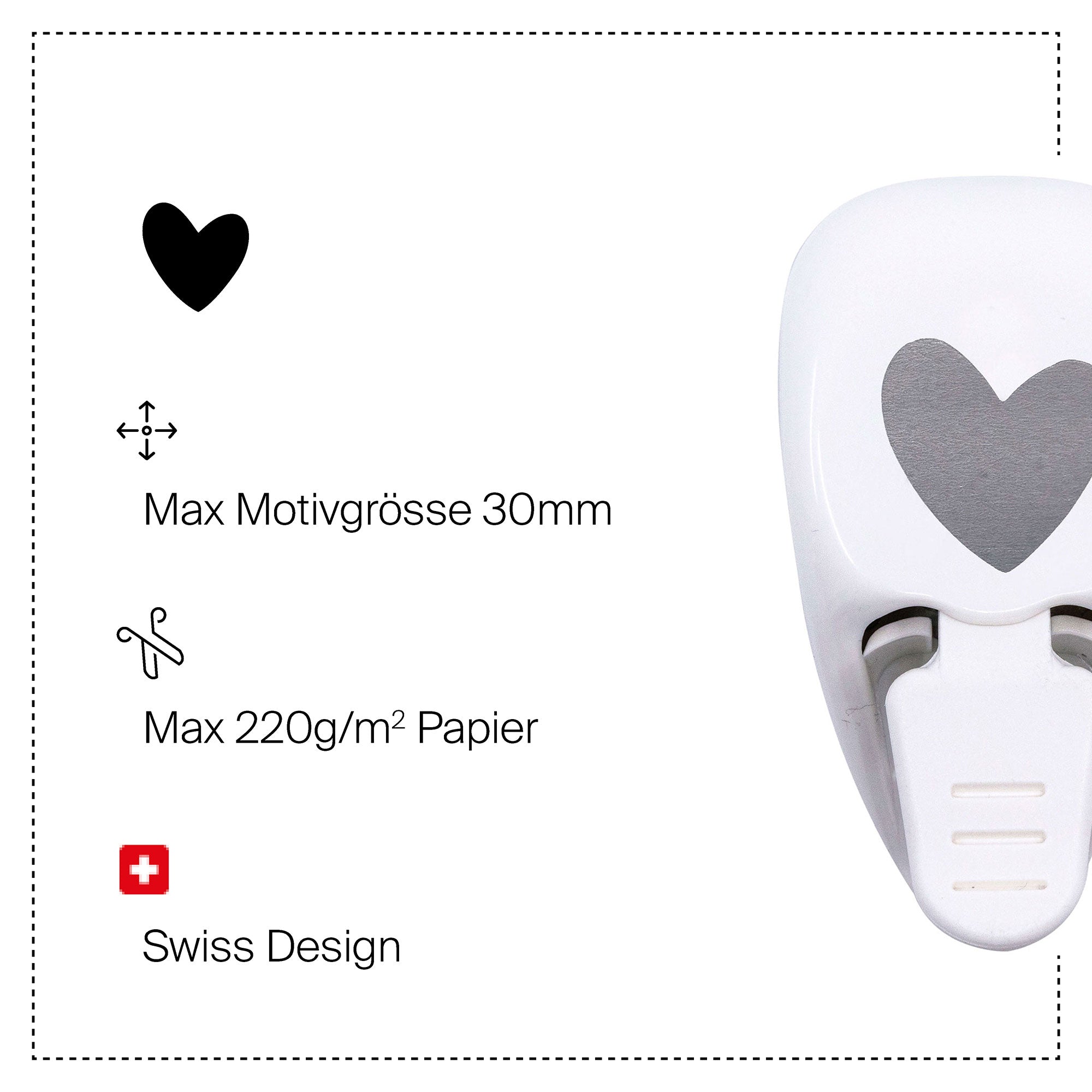 L'Artoz Papier AG Stanzer S Herz asymetrisch est une perforatrice en papier blanc avec un motif de cœur asymétrique, idéale pour le Bastel-Design et le Scrapbooking. Taille maximale du motif : 30 mm (papier 220 g/m²). Design suisse noté avec des spécifications claires.