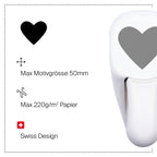 Der Artoz Papier AG Stanzer M Herz (herzförmig, weiss) wird mit Icons dargestellt: Max Motivgröße 50mm, Max 220g/m² Papier, Swiss Design (Schweizer Flagge) - perfekt für Karten basteln und kreatives Arbeiten mit Motivlocher.