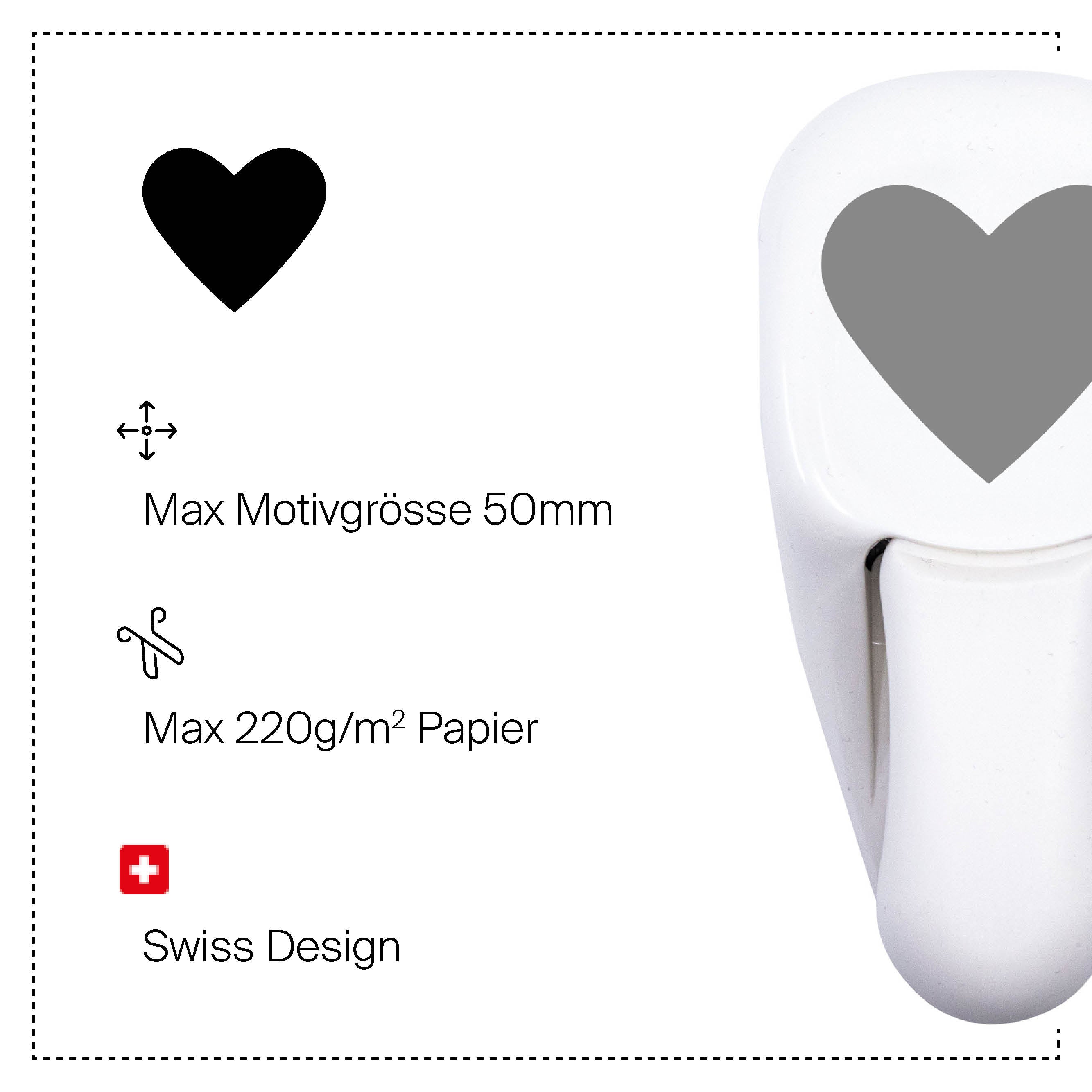 L'Artoz Papier AG Stanzer M Herz (en forme de cœur, blanc) est présenté avec des icônes : Max Motivgröße 50mm, Max 220g/m² Papier, Swiss Design (drapeau suisse) - parfait pour Karten basteln et kreatives Arbeiten mit Motivlocher.