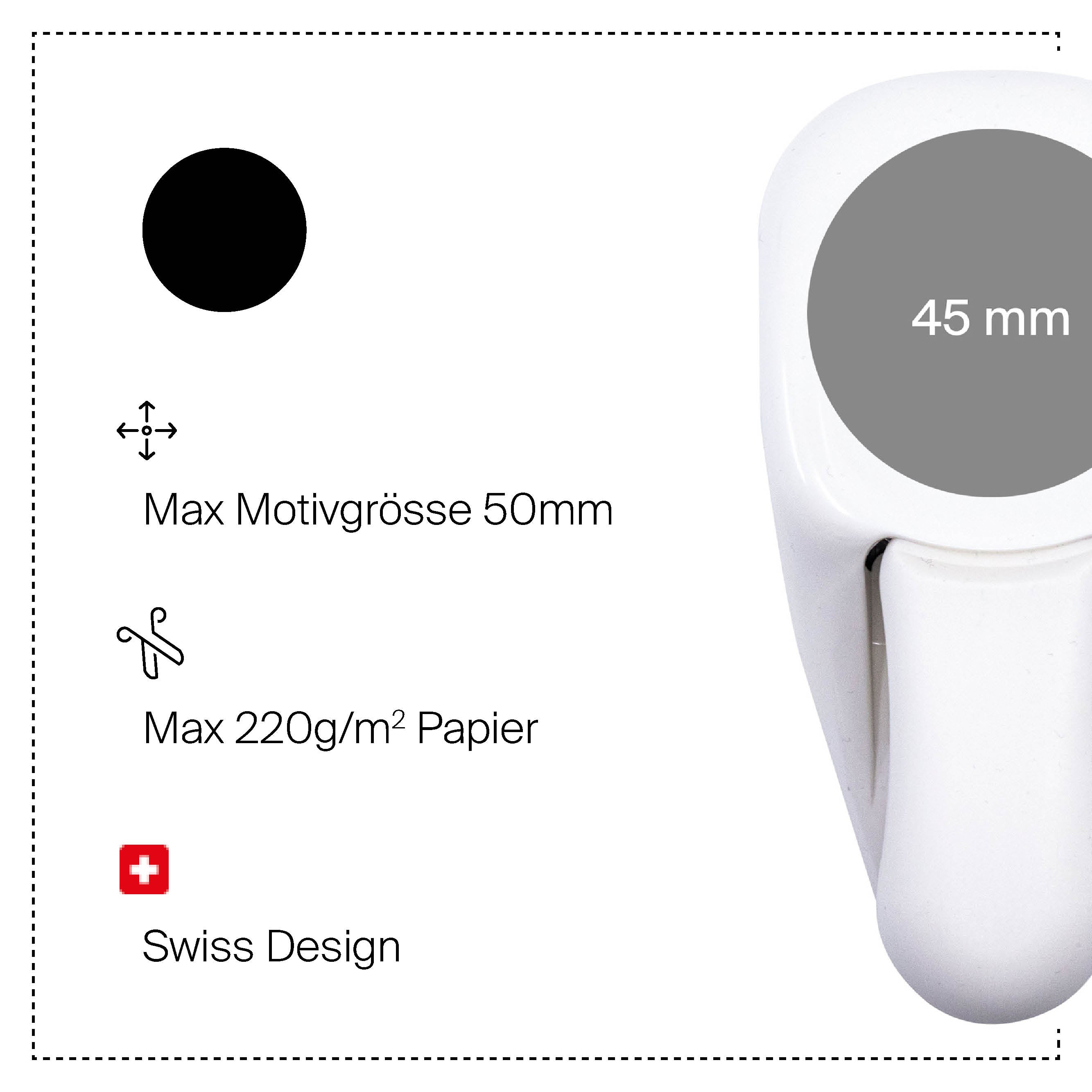L'Artoz Papier AG Stanzer M Kreis est une perforatrice circulaire blanche pour Basteln, d'un diamètre de 45 mm, convenant aux icônes/textes jusqu'à 50 mm. Idéale pour le papier jusqu'à 220g/m², elle se caractérise par l'élégance du design suisse.